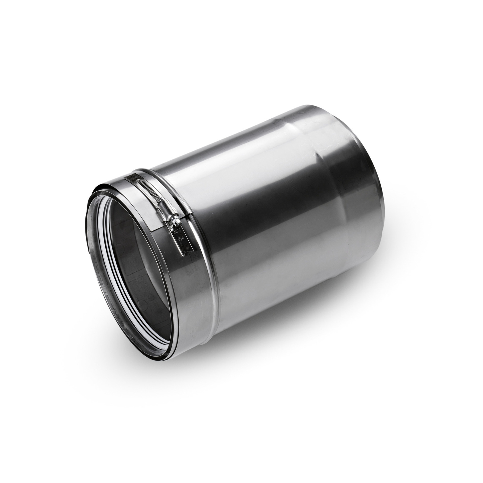 Stainless steel cylindrical pipe with a metal clamp on a white background. Stainless steel cylindrical pipe with a metal clamp on a white background.