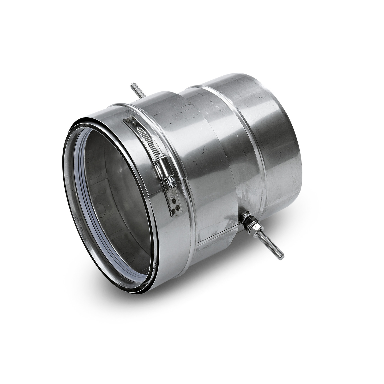 Stainless steel pipe connector with adjustable clamps and bolts, shown on a white background.