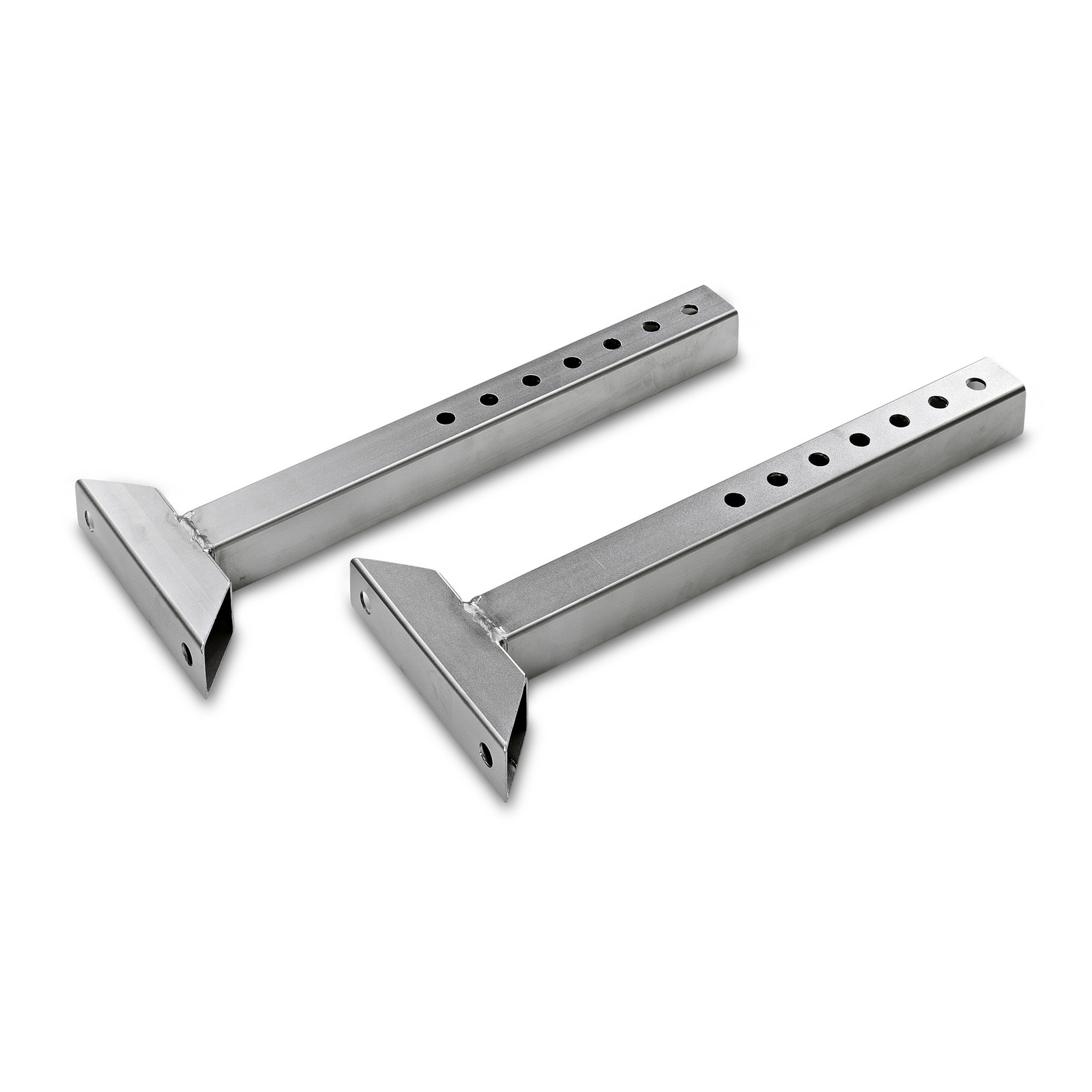 Two metal brackets with multiple holes, angled ends, and a welded joint, placed on a white background. Two metal brackets with multiple holes, angled ends, and a welded joint, placed on a white background.