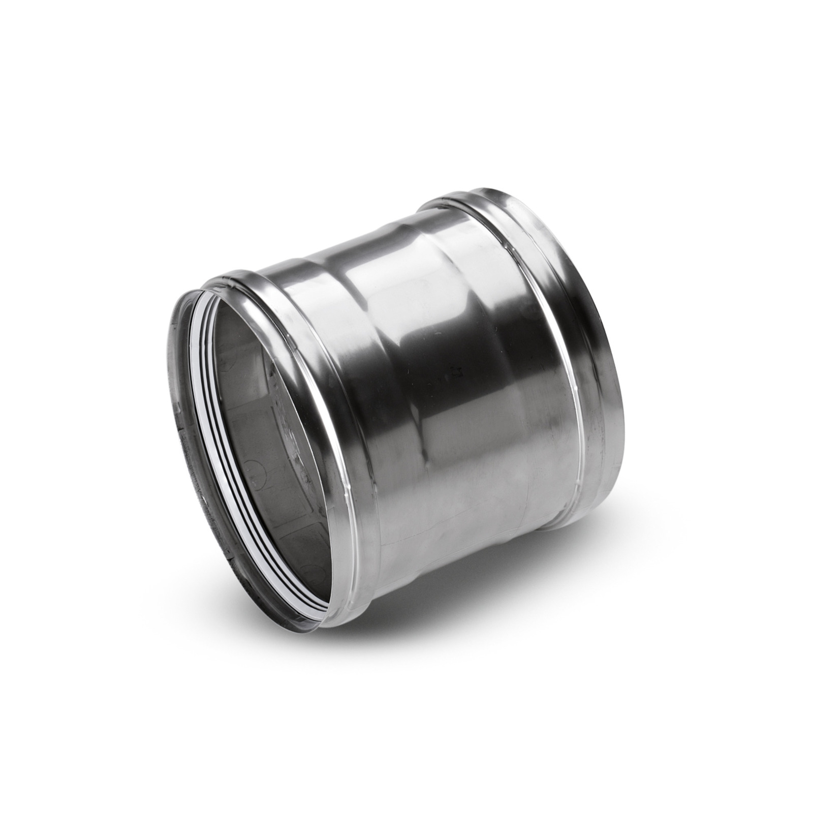 Stainless steel pipe connector with smooth surface, lying on its side against a white background. Stainless steel pipe connector with smooth surface, lying on its side against a white background.