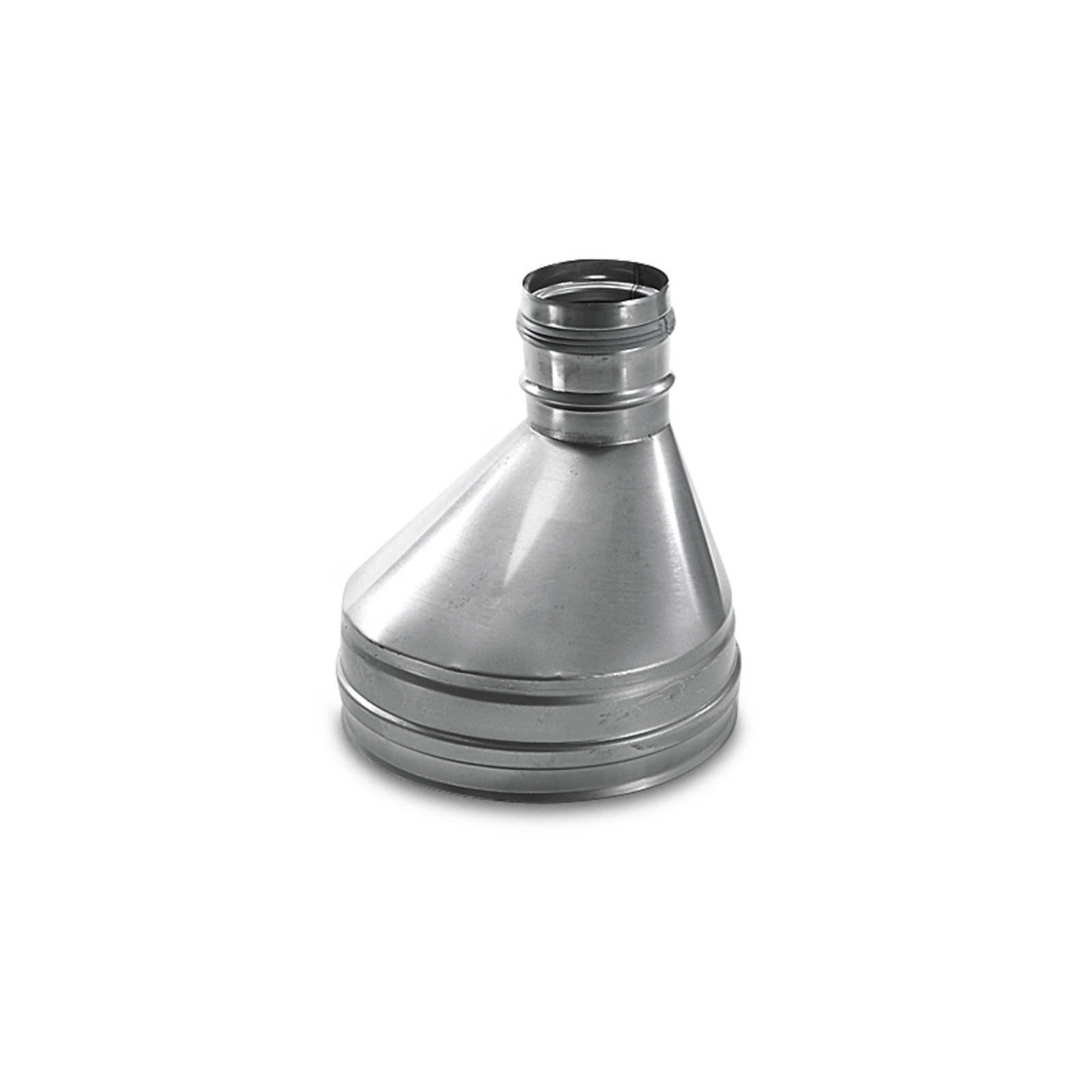 Silver metal funnel with a wide base and narrow neck, displayed against a plain white background. Silver metal funnel with a wide base and narrow neck, displayed against a plain white background.