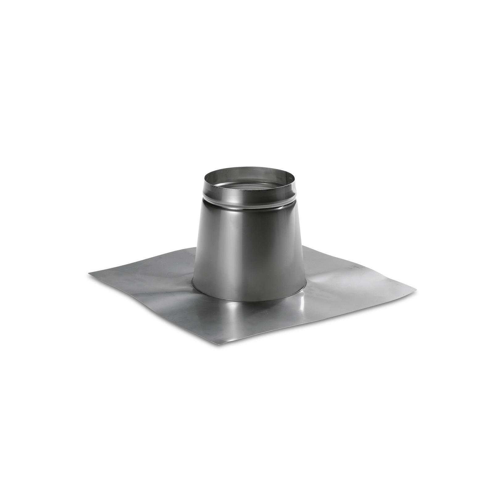 Metal chimney flashing with a conical shape and square base, designed for roof installation. Metal chimney flashing with a conical shape and square base, designed for roof installation.