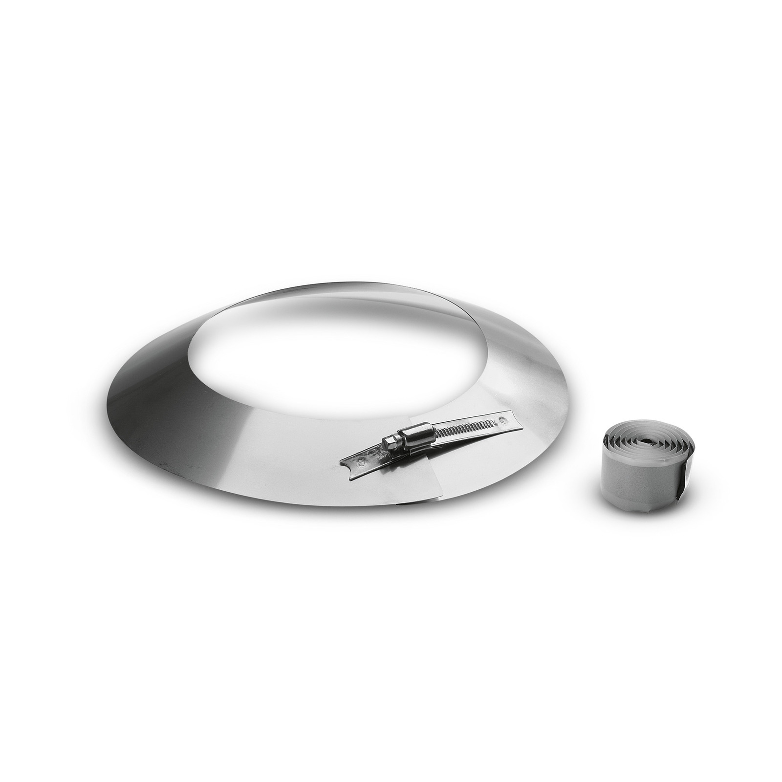 Metal collar with adjustable clamp and rolled strip on white background. Metal collar with adjustable clamp and rolled strip on white background.