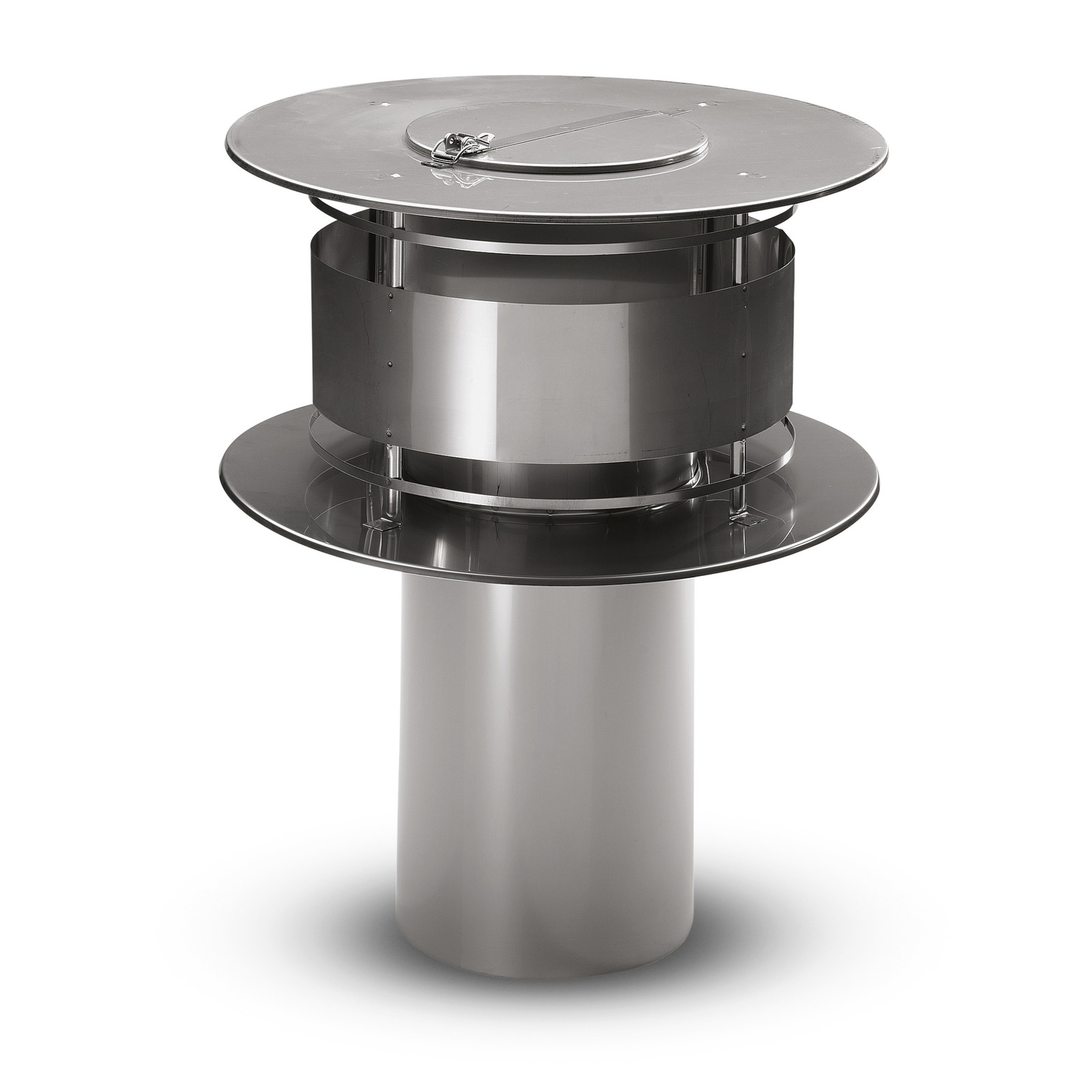 Stainless steel chimney cap with a cylindrical base and two circular plates, featuring a hinged lid on top. Stainless steel chimney cap with a cylindrical base and two circular plates, featuring a hinged lid on top.