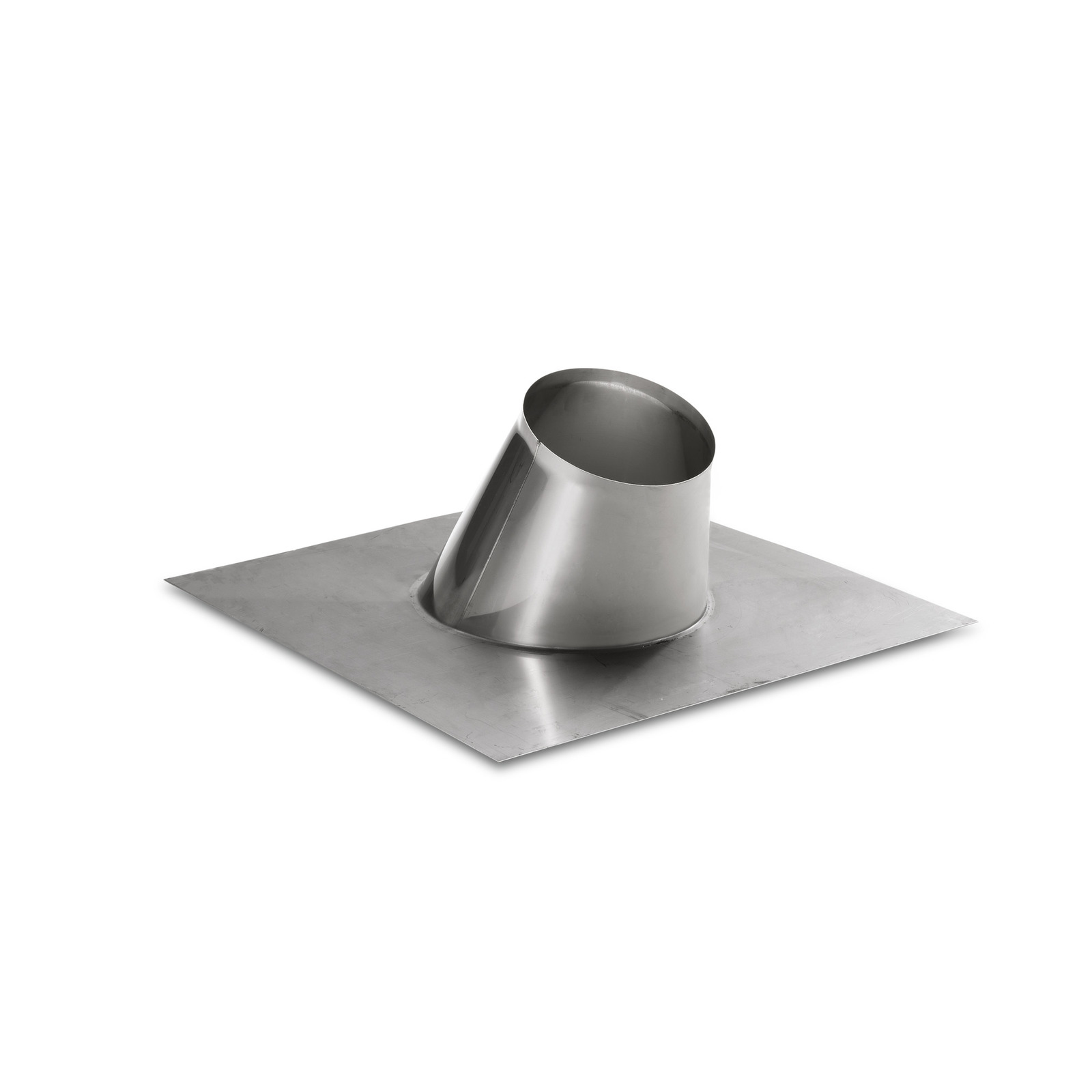 Stainless steel chimney flashing with an angled cylindrical vent on a flat metal base. Stainless steel chimney flashing with an angled cylindrical vent on a flat metal base.