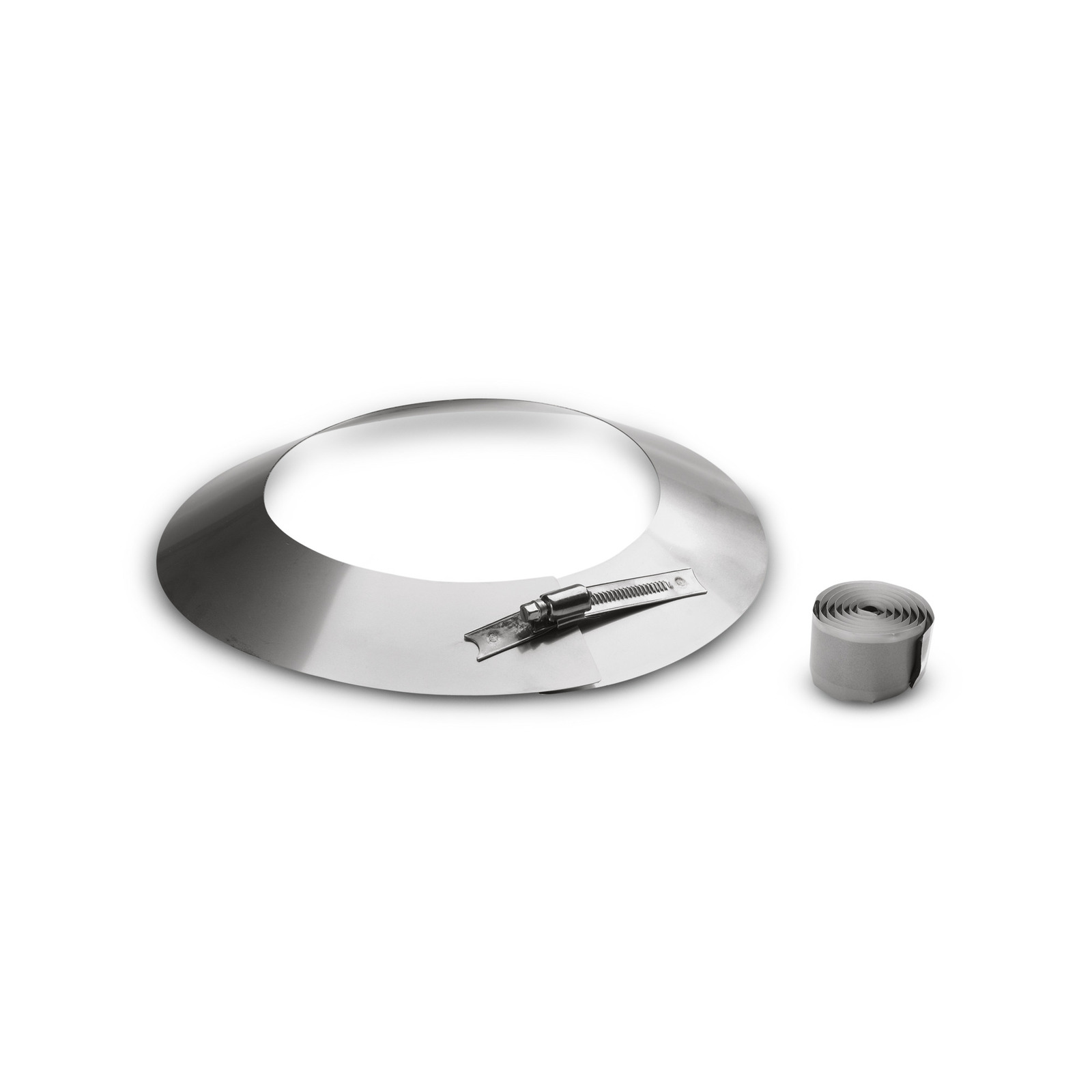 Metal ring with adjustable clamp next to a coiled strip on a white background. Metal ring with adjustable clamp next to a coiled strip on a white background.