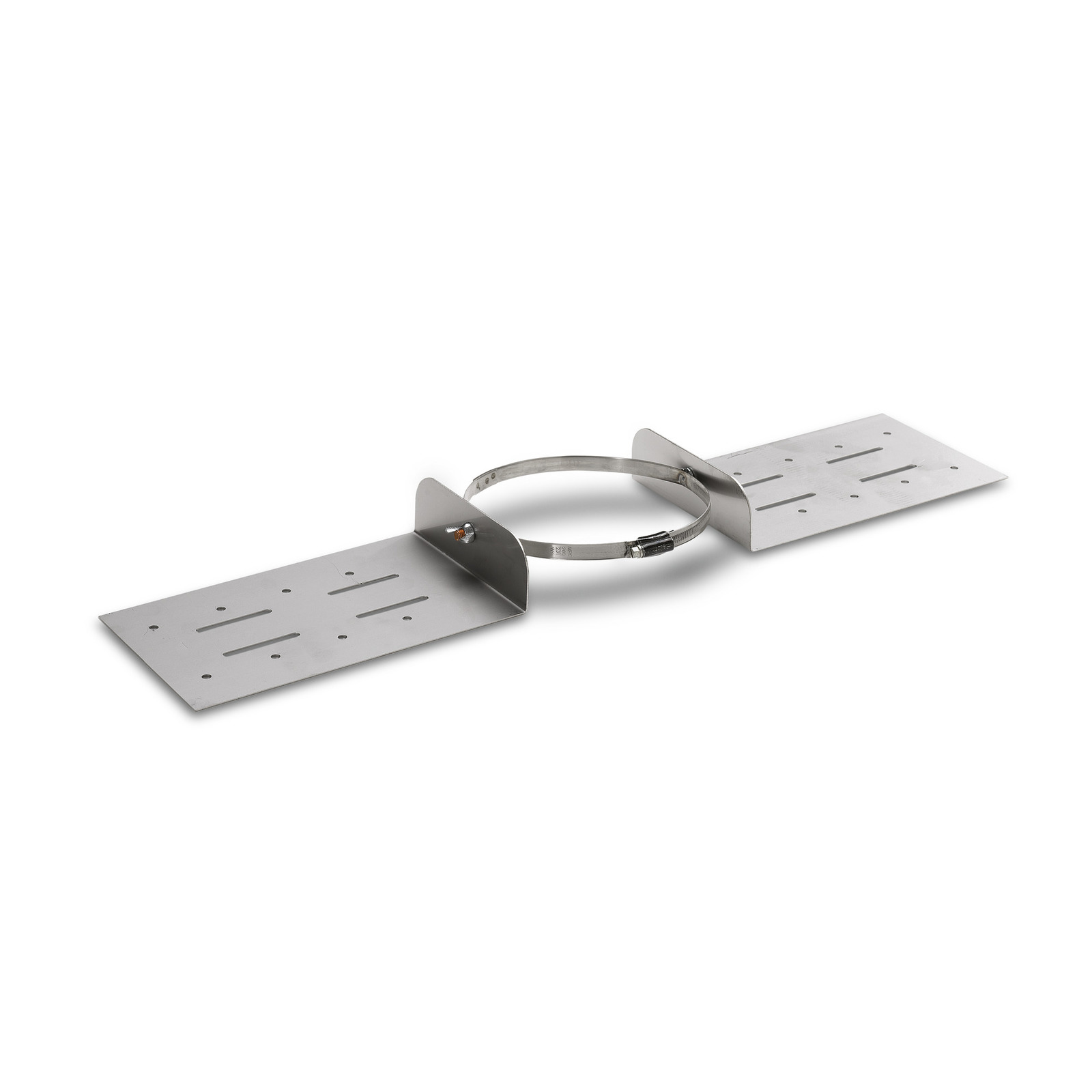 Metal mounting bracket with adjustable circular clamp and two flat plates, featuring slotted holes for attachment. Metal mounting bracket with adjustable circular clamp and two flat plates, featuring slotted holes for attachment.