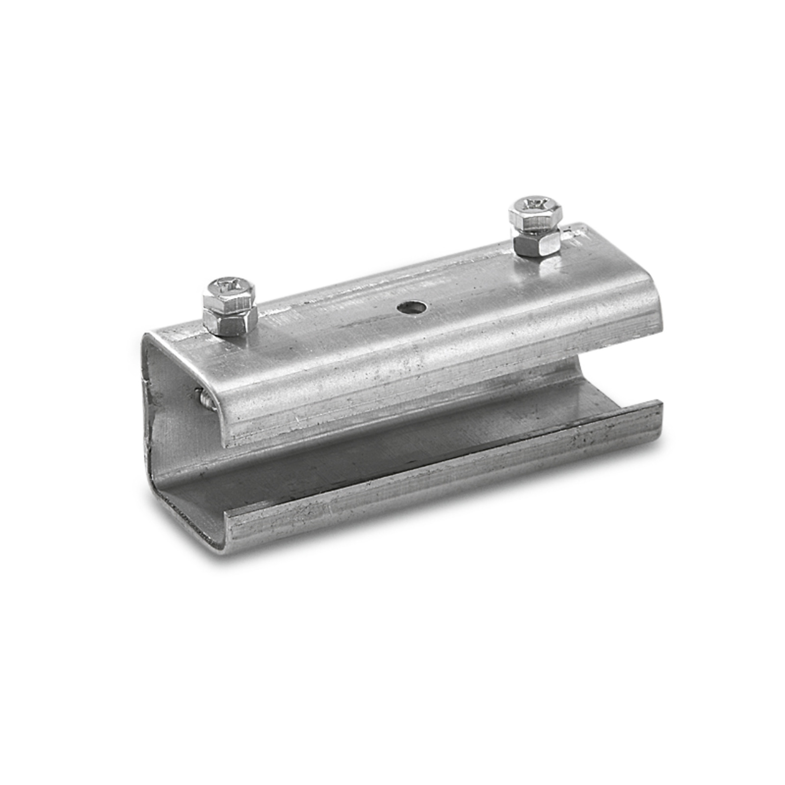 Metal bracket with two bolts on top, featuring a central hole, set against a plain white background.