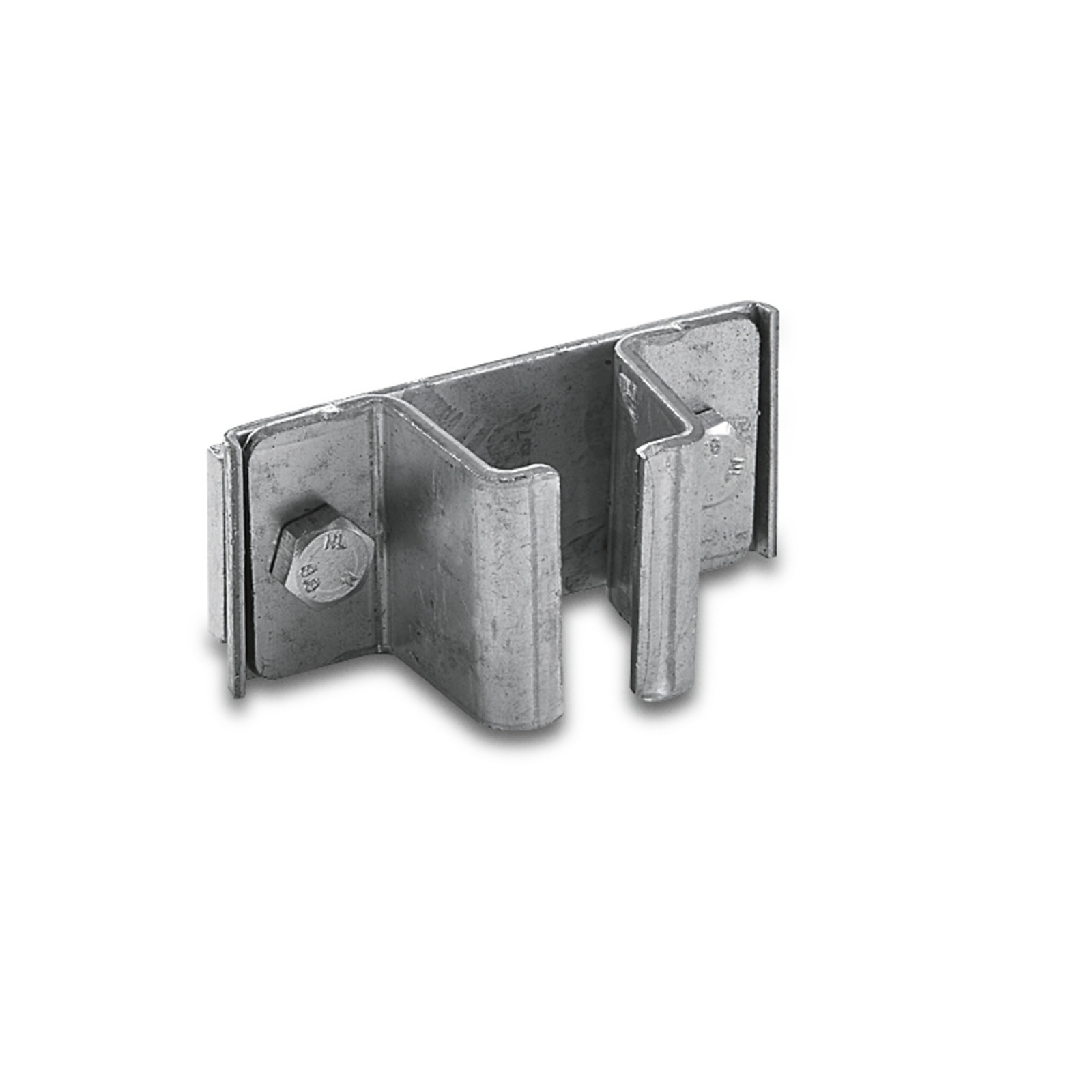 Metal bracket with a hexagonal bolt, featuring a U-shaped design, displayed against a plain white background. Metal bracket with a hexagonal bolt, featuring a U-shaped design, displayed against a plain white background.