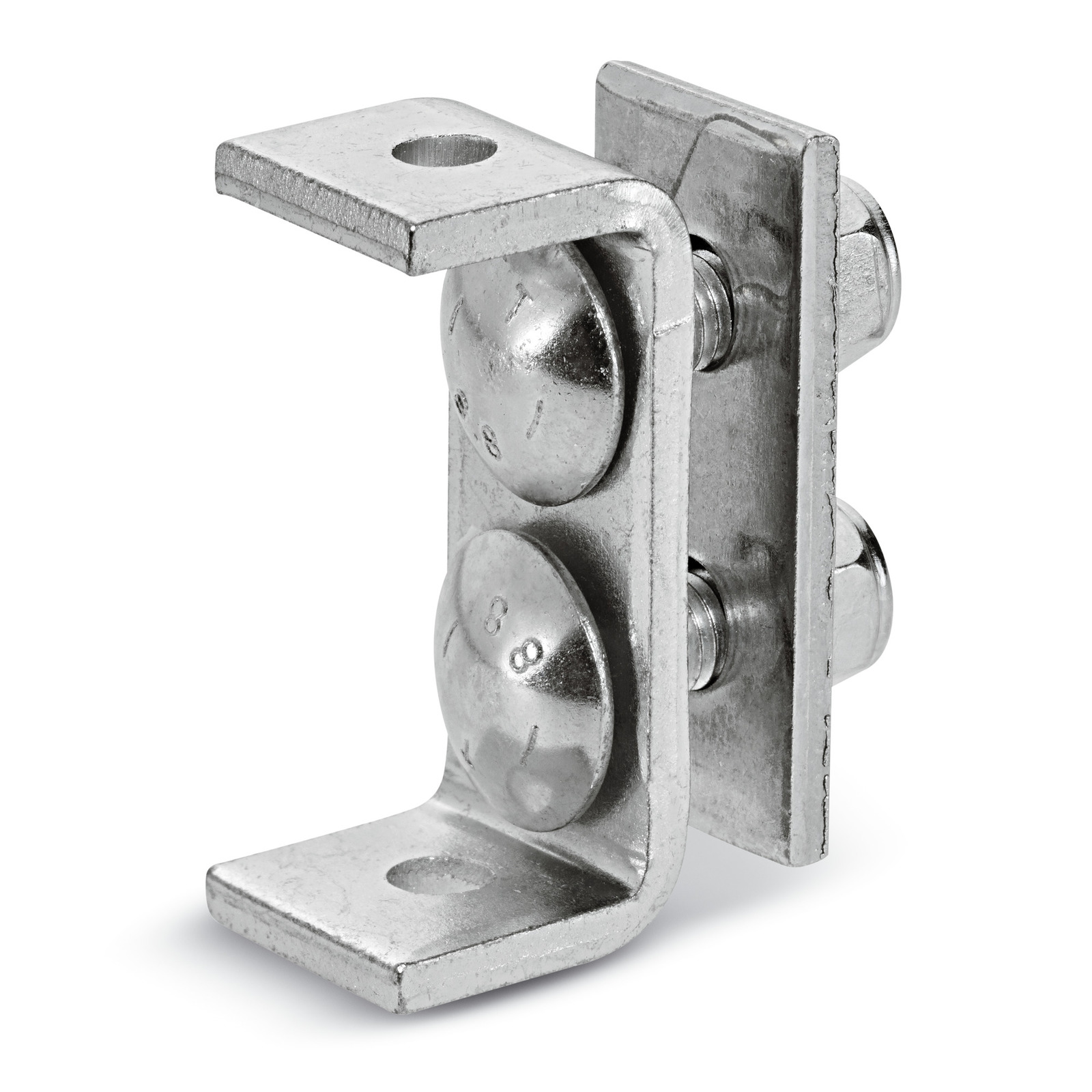 Metal bracket with two bolts and nuts, featuring a right-angle design and a hole on the top surface.