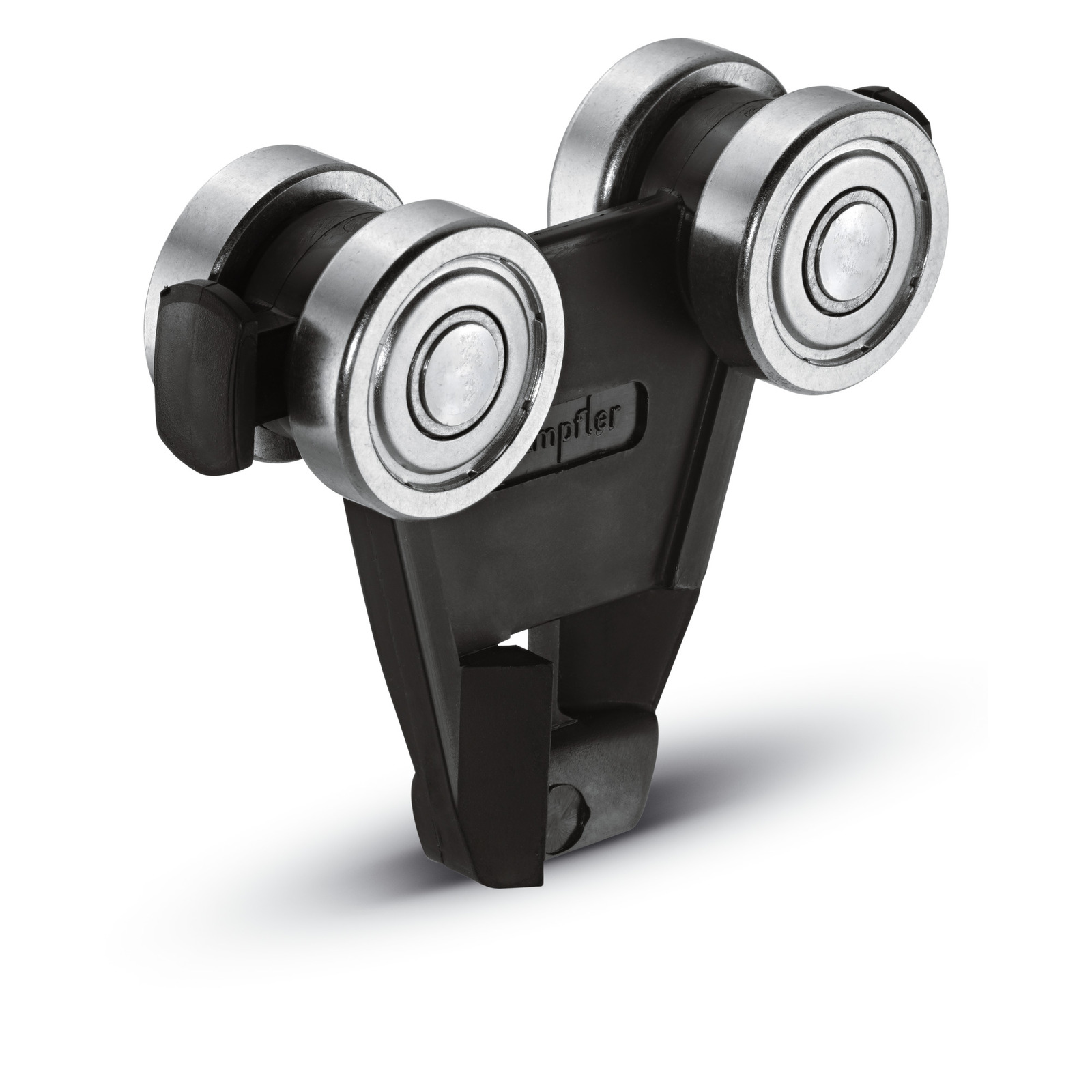 Black plastic trolley roller with four silver wheels and visible branding, designed for sliding mechanisms.