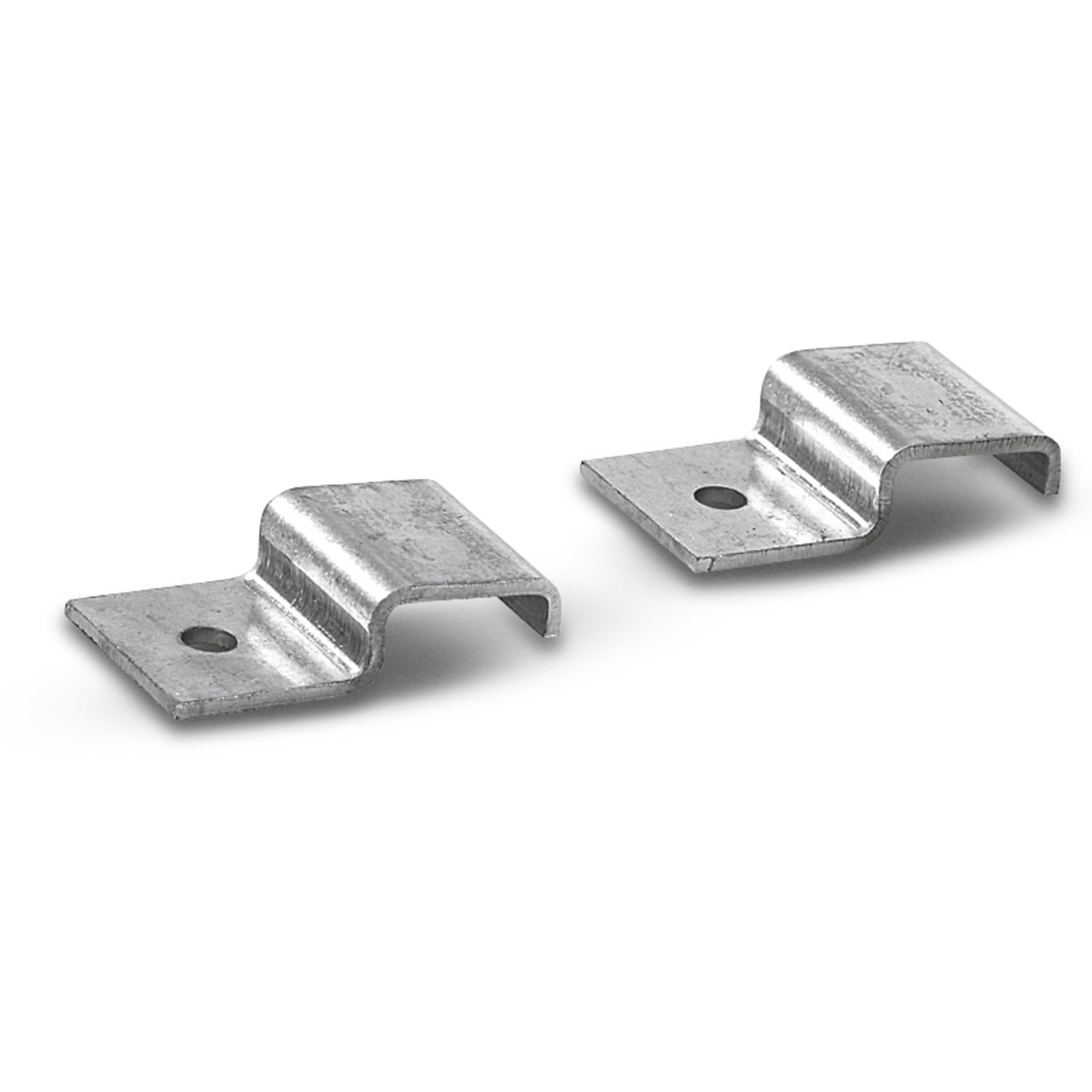 Two metal brackets with a curved shape and a hole on each side, placed on a white background.