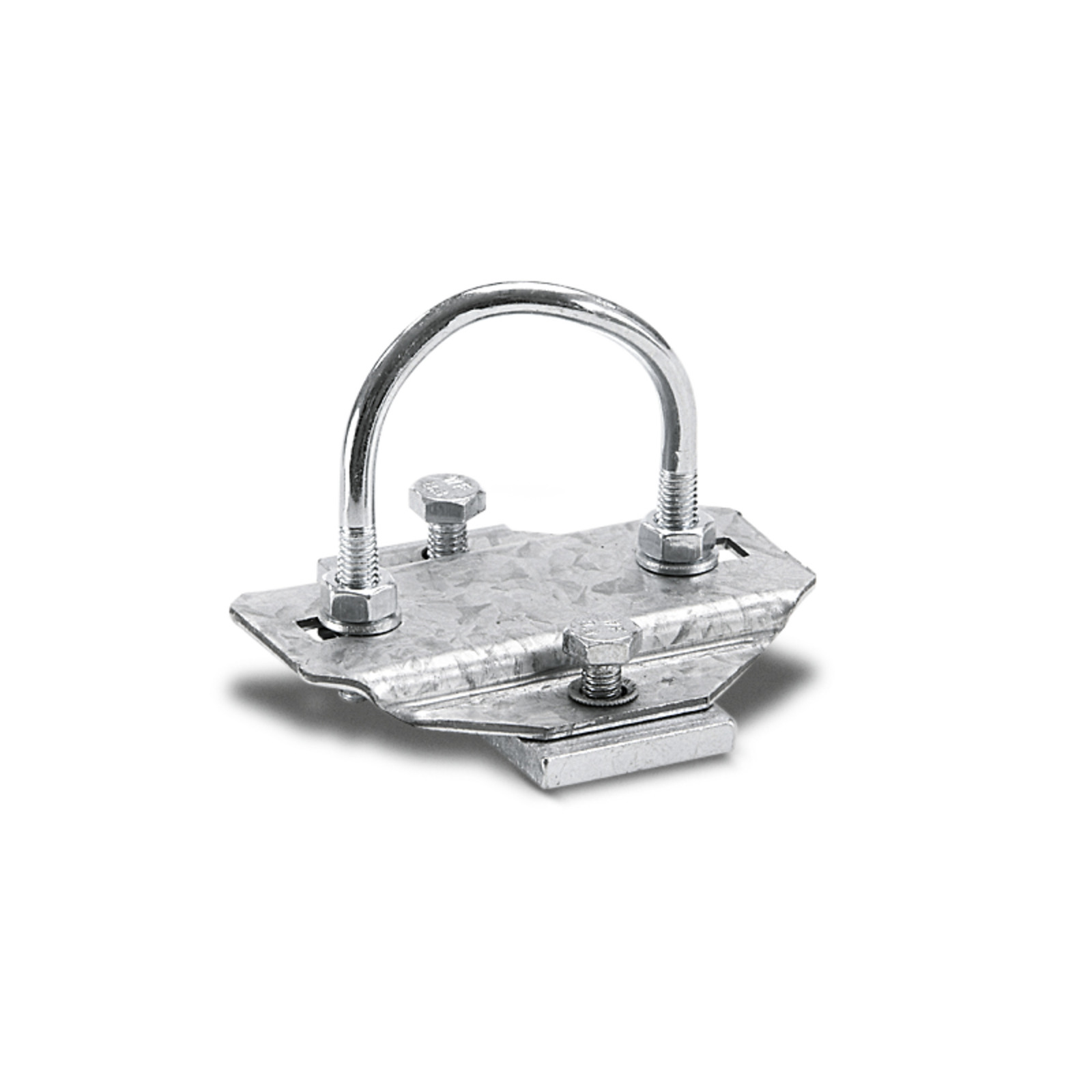 Galvanised metal U-bolt bracket with two nuts and a flat base, used for securing pipes or poles.