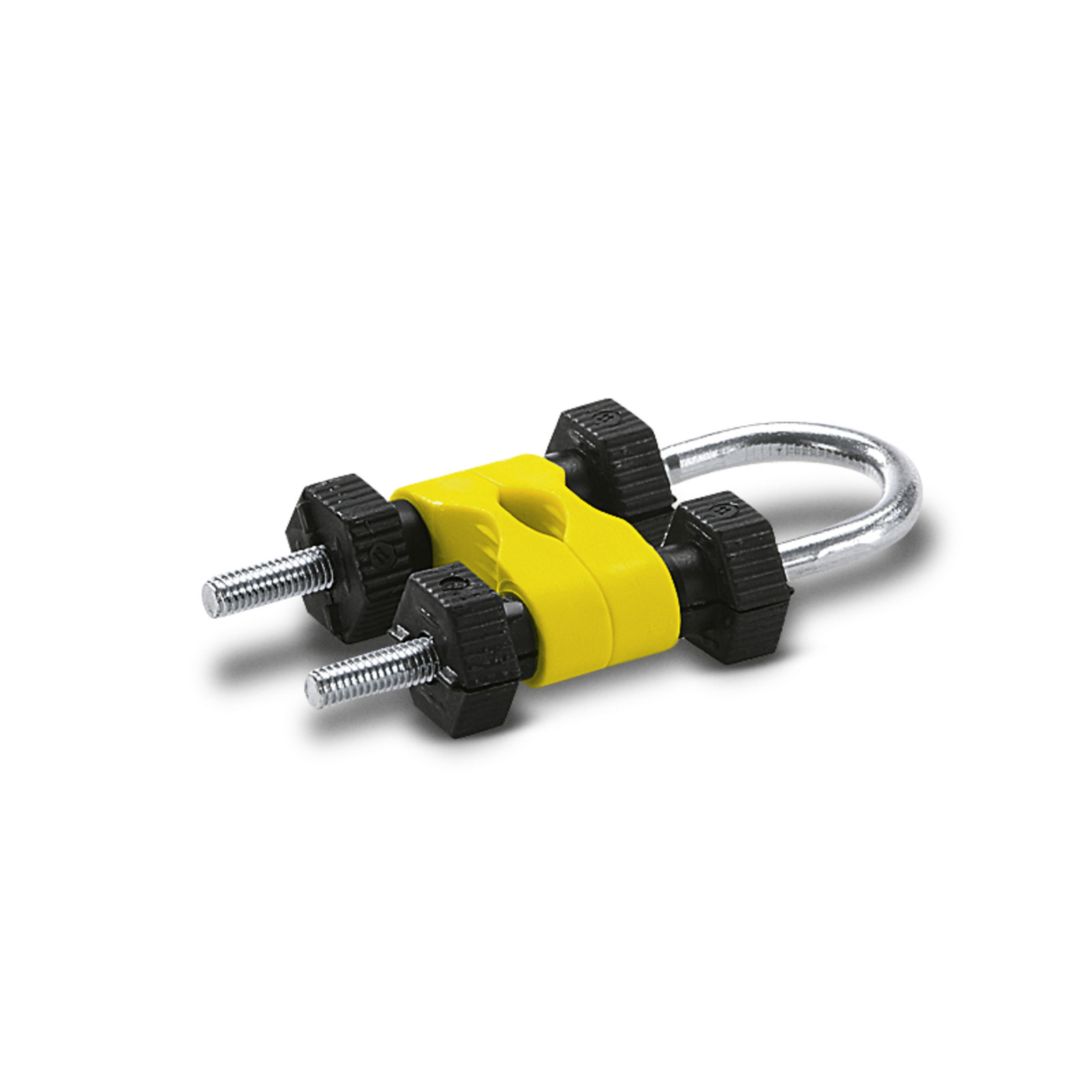 Kärcher pipe cleaning adapter with yellow plastic body, black knobs, and silver metal bolts. Kärcher pipe cleaning adapter with yellow plastic body, black knobs, and silver metal bolts.