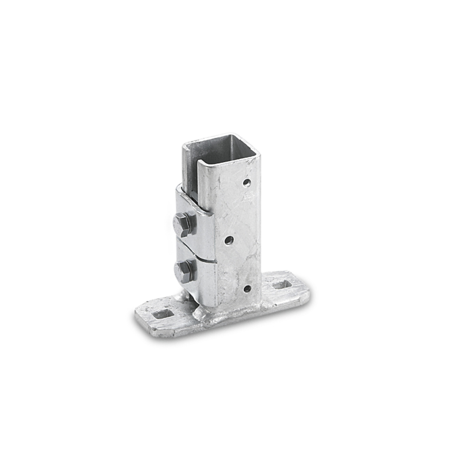 Metal bracket with a rectangular tube and two bolts, mounted on a flat base with two holes.