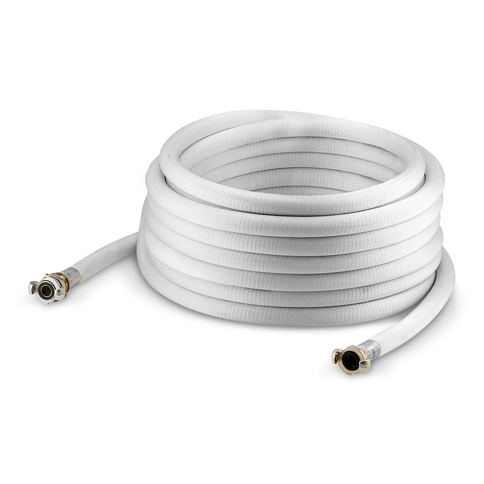 Coiled white hose with metal connectors on both ends, placed on a white background. Coiled white hose with metal connectors on both ends, placed on a white background.
