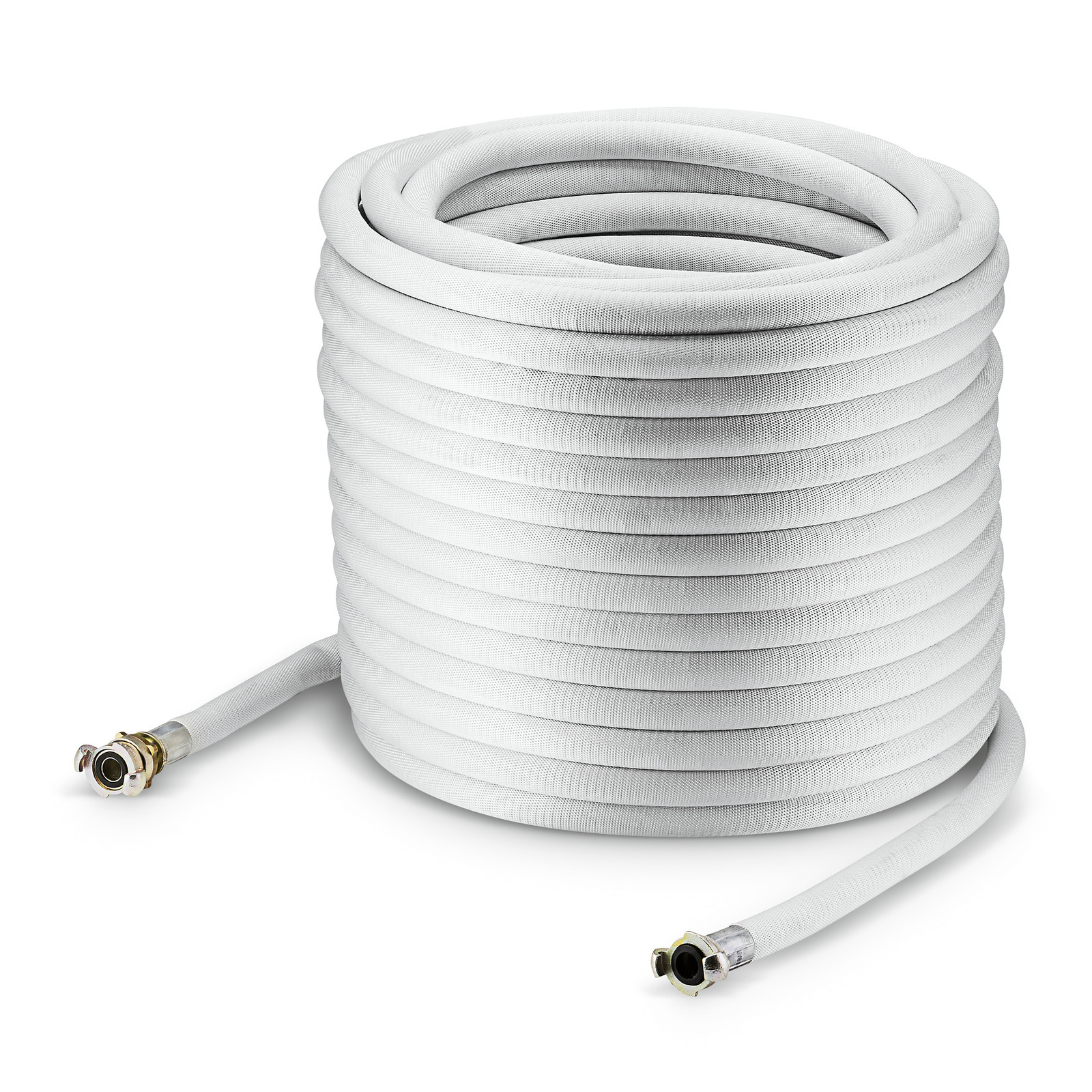 Coiled white hose with metal connectors on both ends, positioned on a plain white background. Coiled white hose with metal connectors on both ends, positioned on a plain white background.