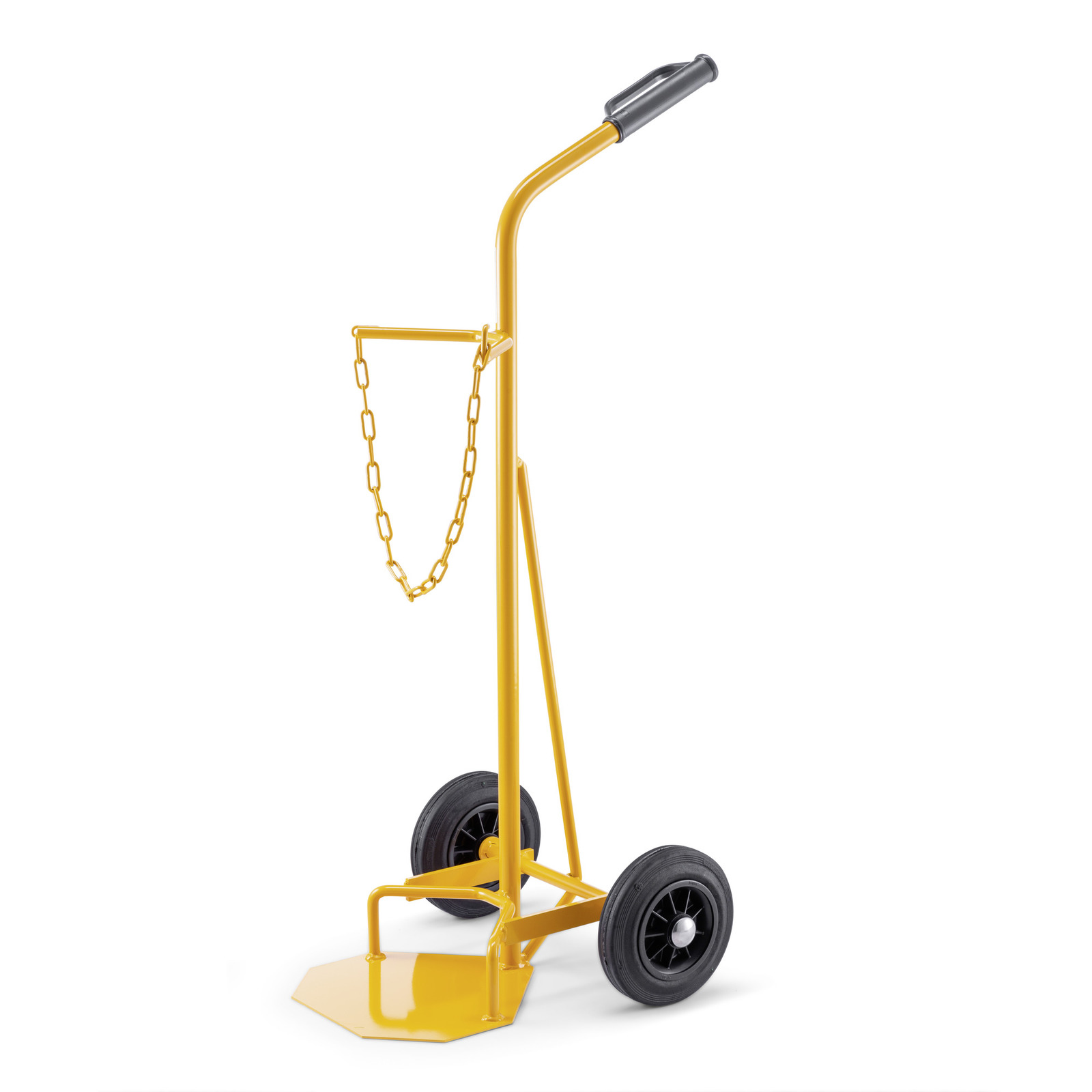 Yellow hand truck with black wheels and chain, designed for transporting gas cylinders. Yellow hand truck with black wheels and chain, designed for transporting gas cylinders.