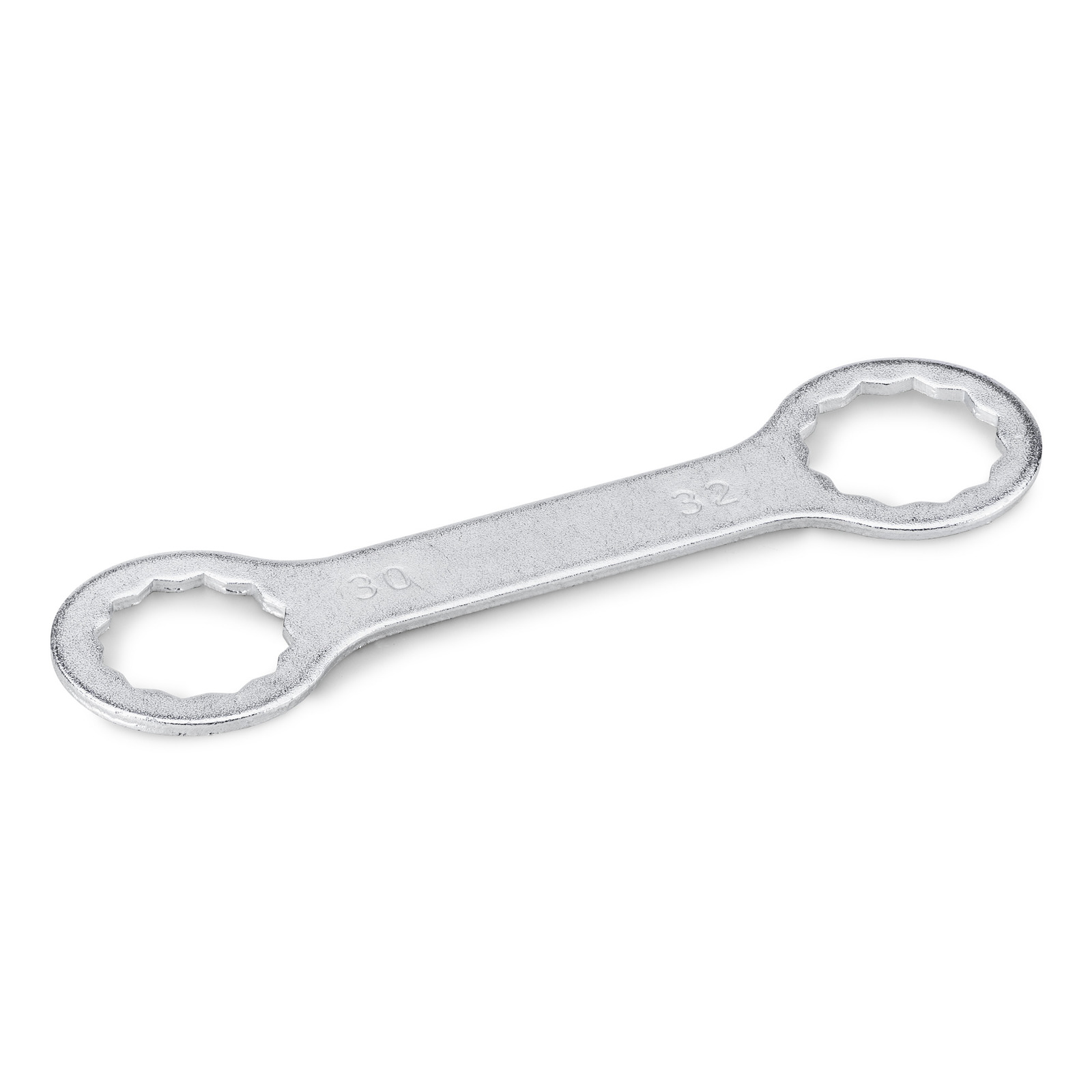 Silver double-ended wrench with 30 and 32 mm hexagonal openings, isolated on a white background.