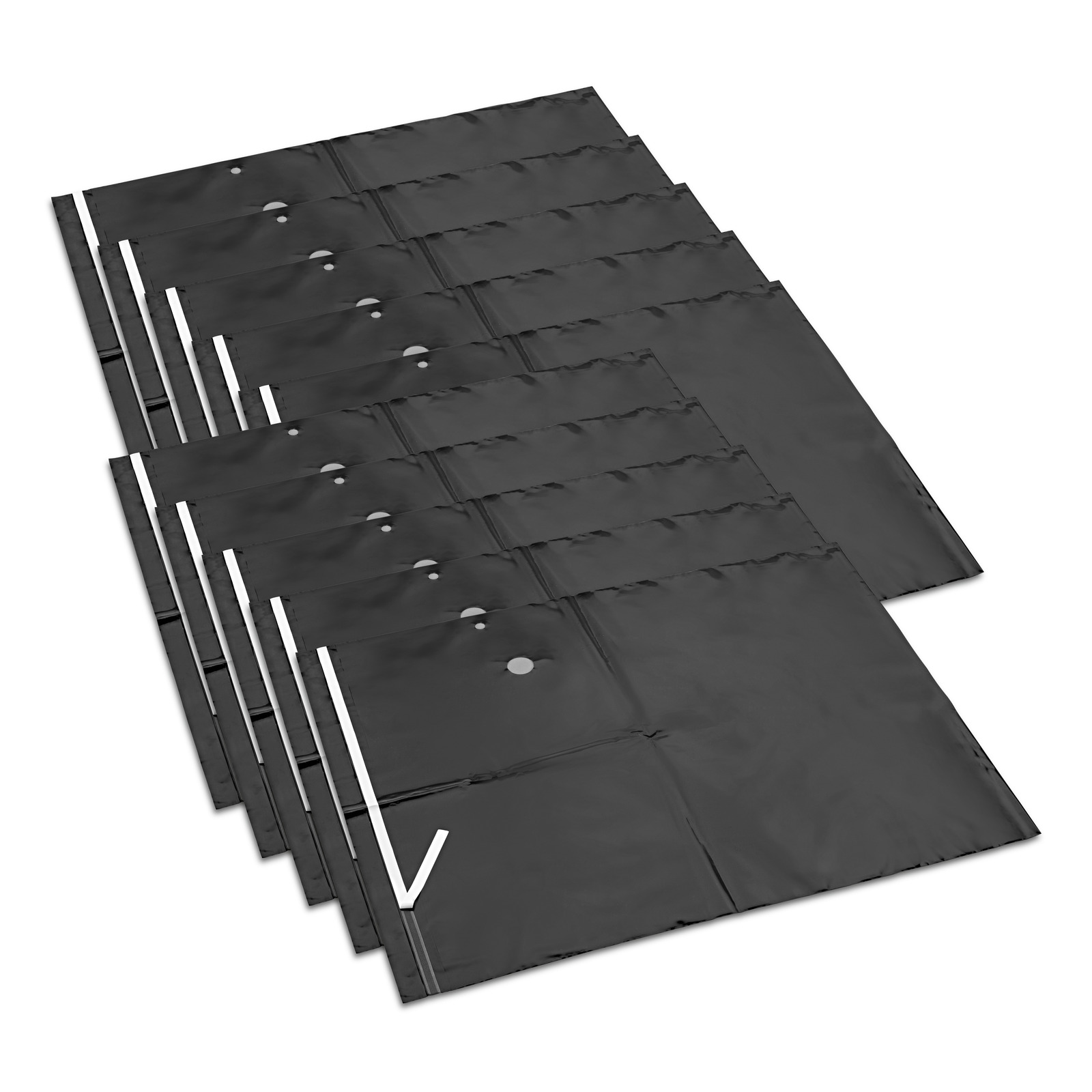 Several black vacuum sealer bags with circular air valves, arranged in a neat stack.