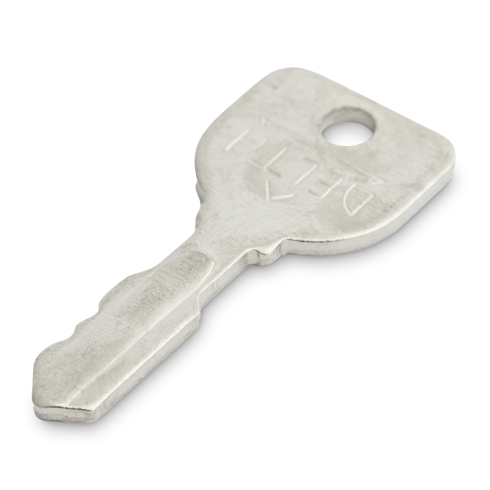 Silver key with a rectangular head and a hole near the top, engraved with "DELT."