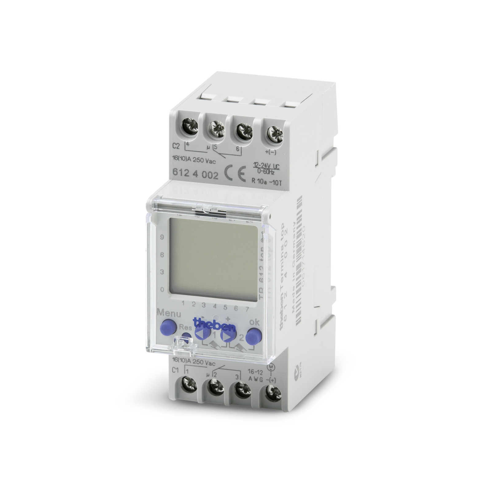 White Theben digital timer switch with display and control buttons, featuring multiple connection terminals on top and bottom. White Theben digital timer switch with display and control buttons, featuring multiple connection terminals on top and bottom.