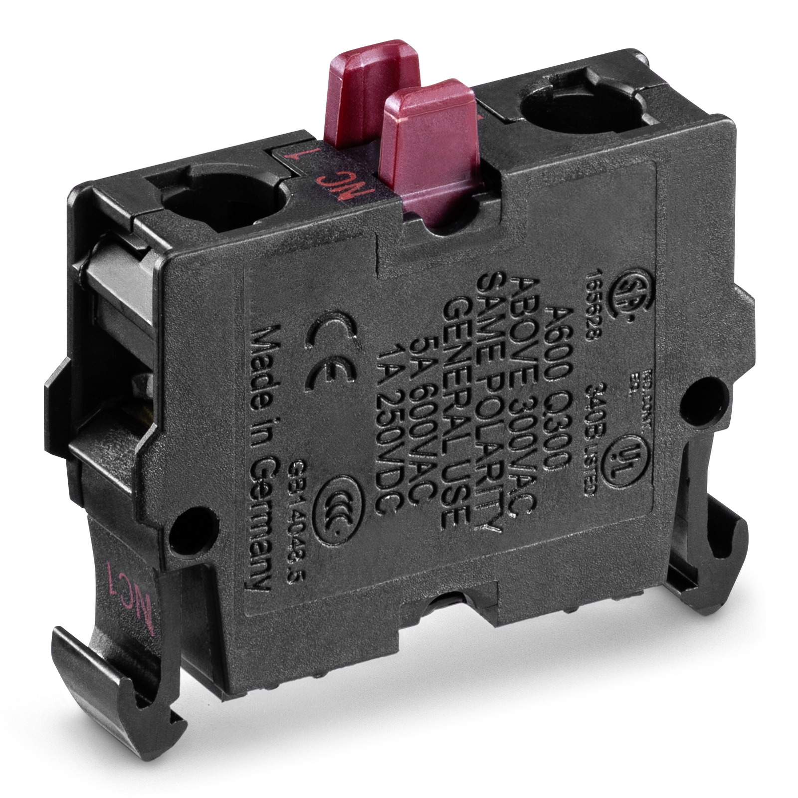 Black rectangular electrical contact block with red sliding actuator tab, printed certification markings including "Made in Germany", on white background.