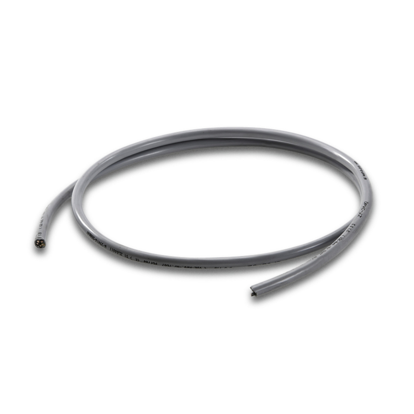 Grey electrical cable coiled on a white surface, showing exposed wires at one end.