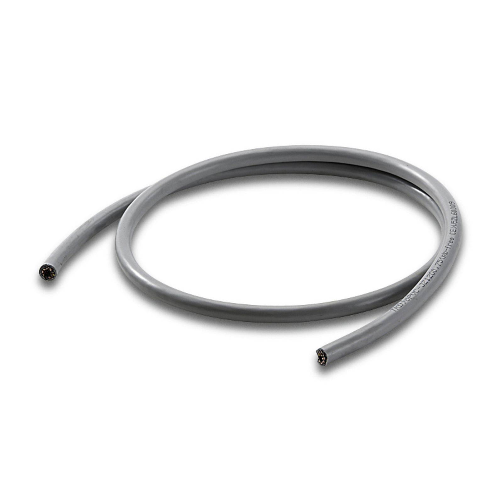 Grey electrical cable coiled with exposed copper wire ends, placed on a white background. Grey electrical cable coiled with exposed copper wire ends, placed on a white background.