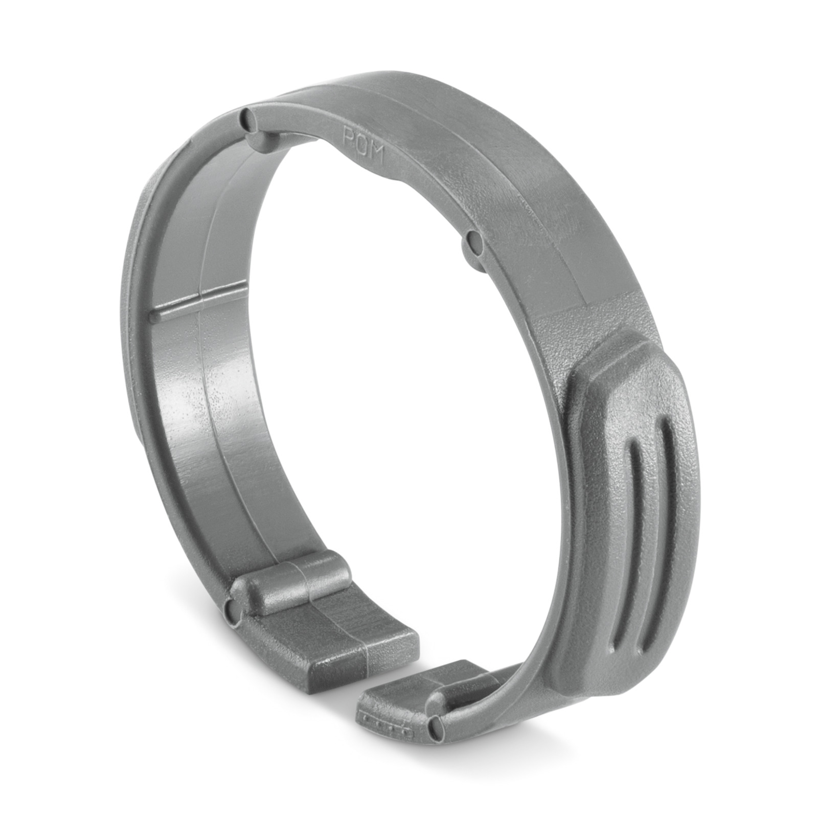 Grey plastic clamp ring with textured grip and hinge, marked with "POM."