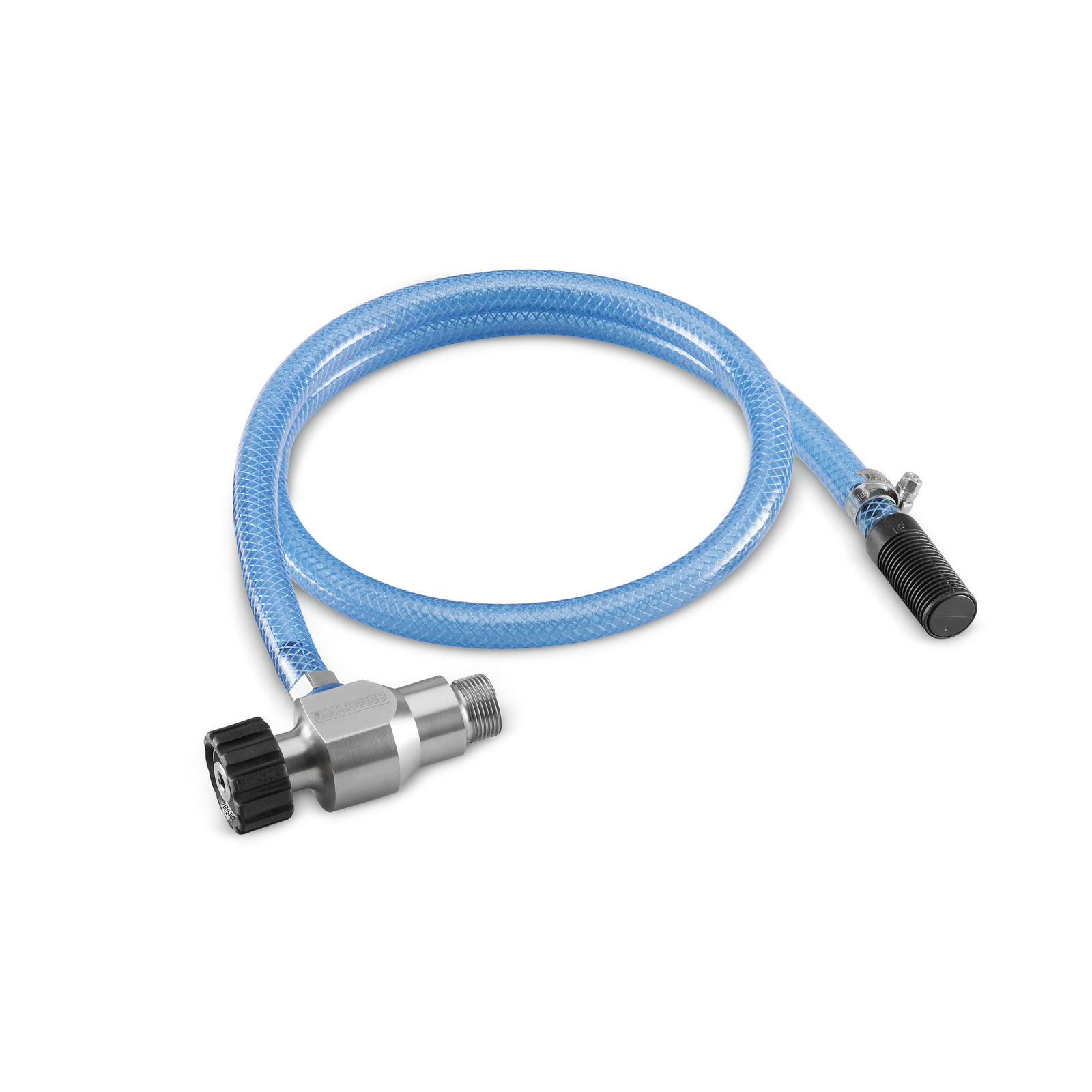 Blue Kärcher hose with metal connector and black nozzle, coiled on a white background. Blue Kärcher hose with metal connector and black nozzle, coiled on a white background.