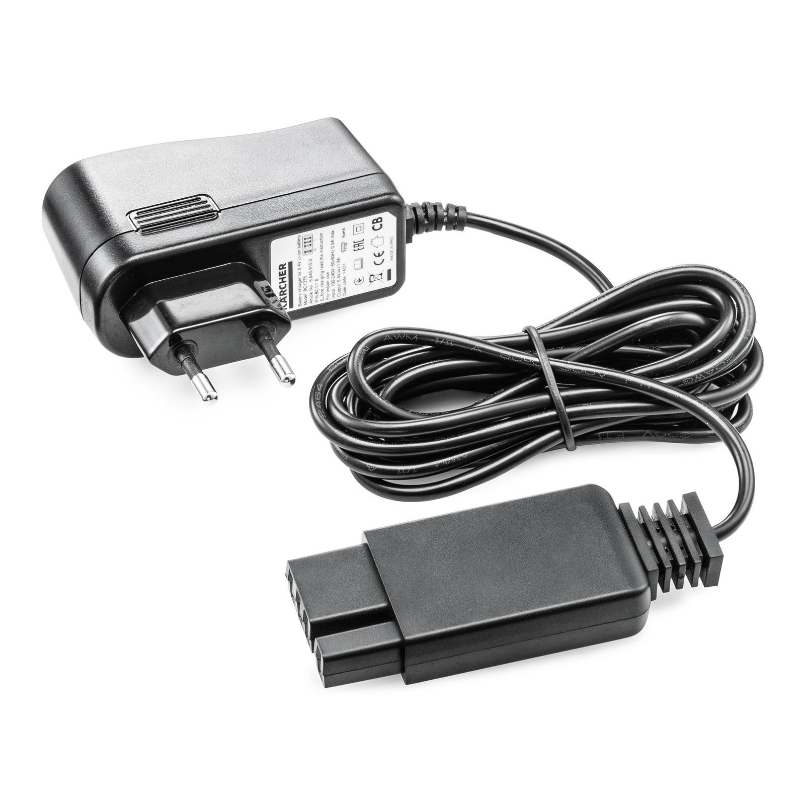 Kärcher power adapter with European plug and coiled black cable, featuring a rectangular connector. Kärcher power adapter with European plug and coiled black cable, featuring a rectangular connector.