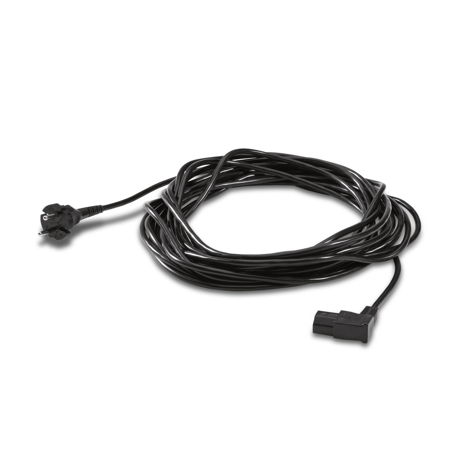 Coiled black power cable with a European plug on one end and a rectangular connector on the other.