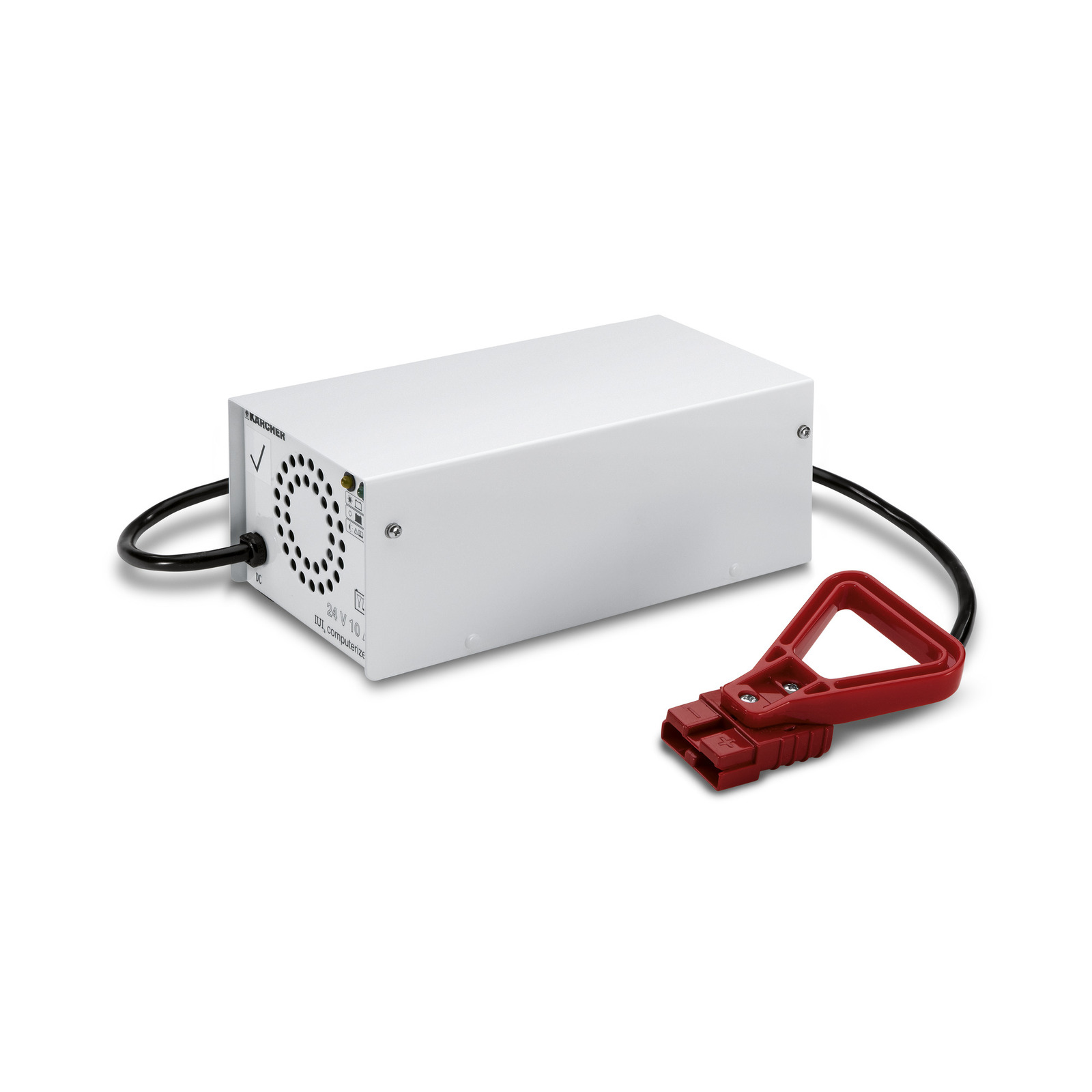 White Kärcher power supply unit with black cable and red connector on a white background.