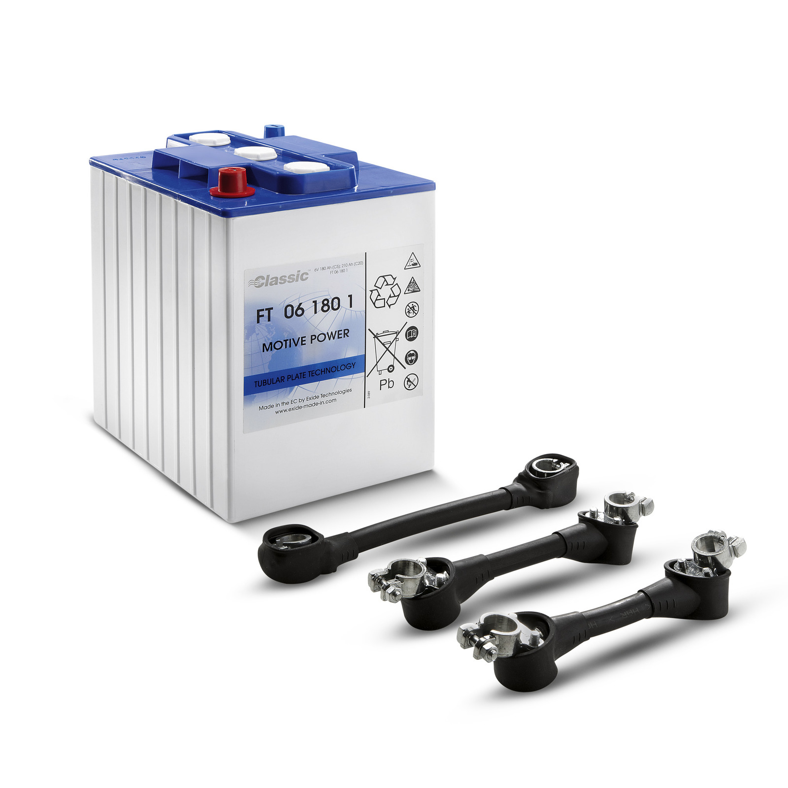 White motive power battery with blue top and red terminal, accompanied by three black battery connectors. White motive power battery with blue top and red terminal, accompanied by three black battery connectors.