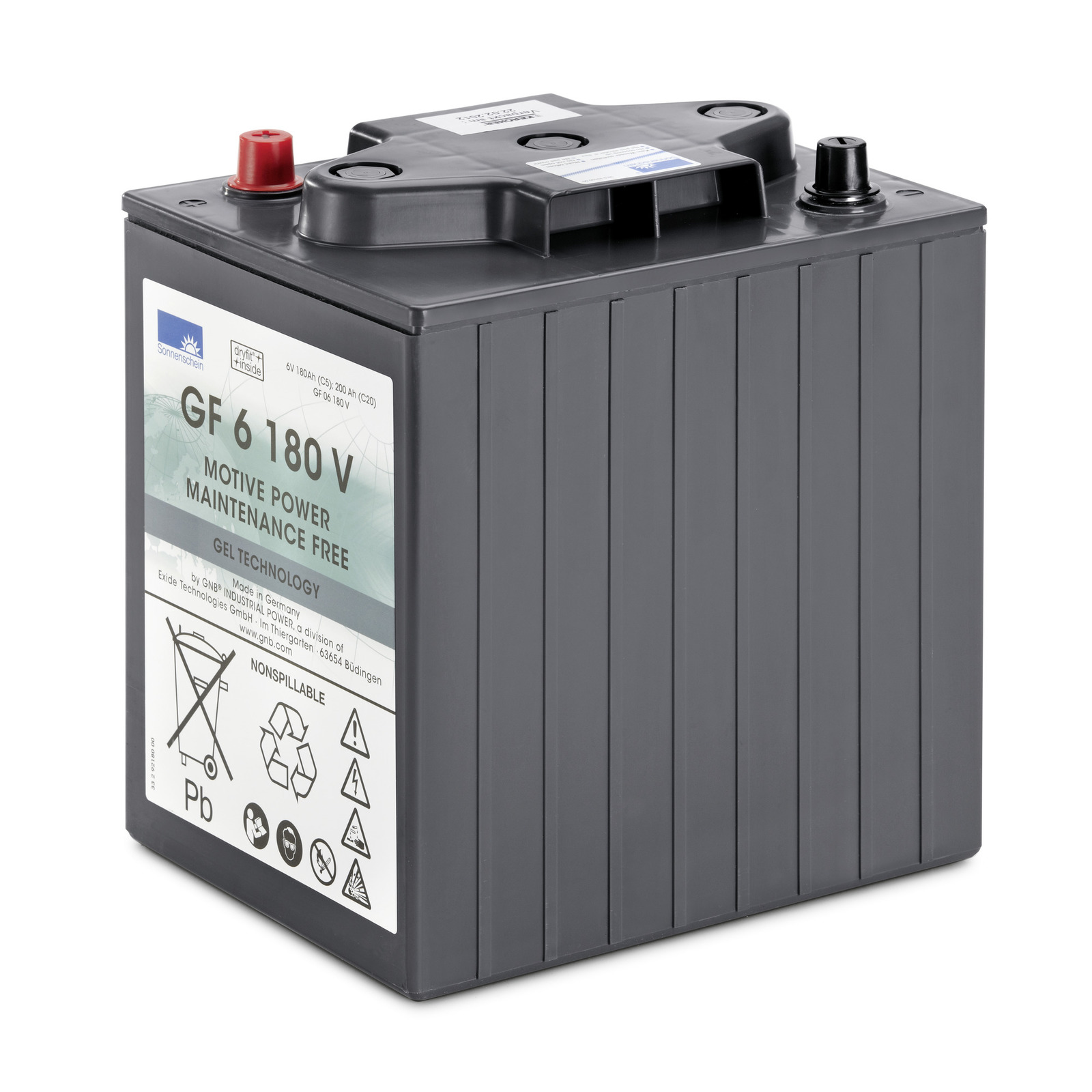 Grey Sonnenschein GF 6 180 V gel battery with red and black terminals, maintenance-free label visible. Grey Sonnenschein GF 6 180 V gel battery with red and black terminals, maintenance-free label visible.