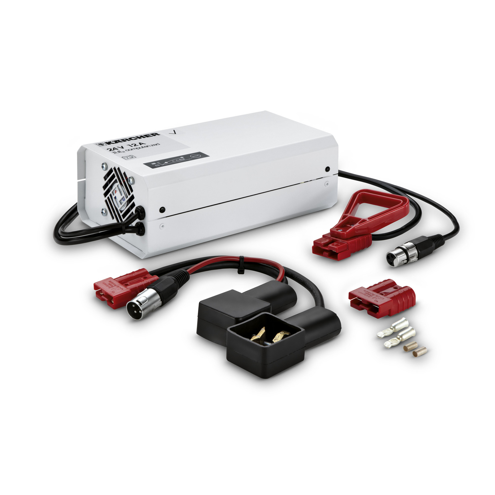 Kärcher 24V 2A battery charger with cables, connectors, and clamps on a white background. Kärcher 24V 2A battery charger with cables, connectors, and clamps on a white background.