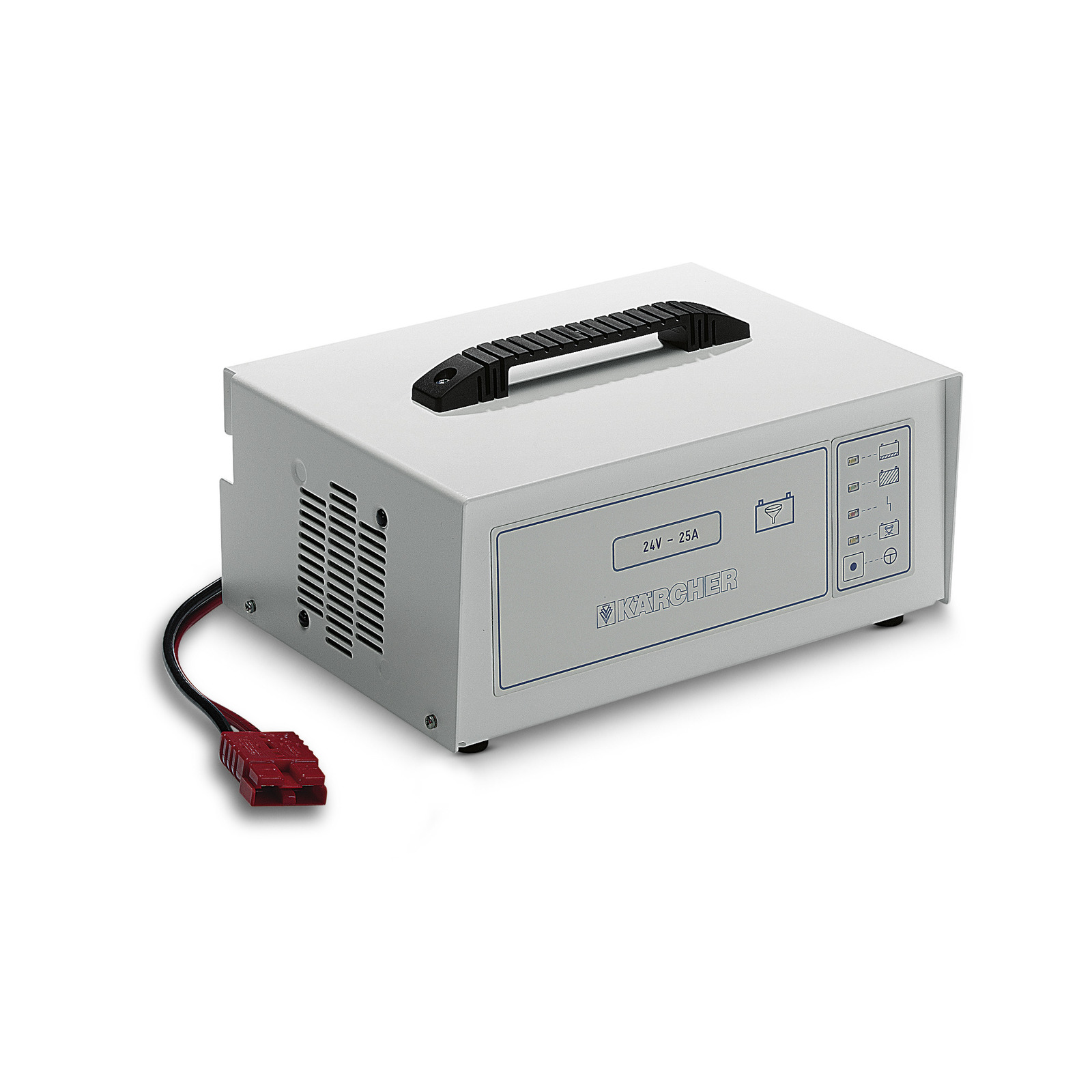 Kärcher battery charger with a handle, ventilation slots, and a red power cable. Front panel displays 24V - 25A specifications. Kärcher battery charger with a handle, ventilation slots, and a red power cable. Front panel displays 24V - 25A specifications.