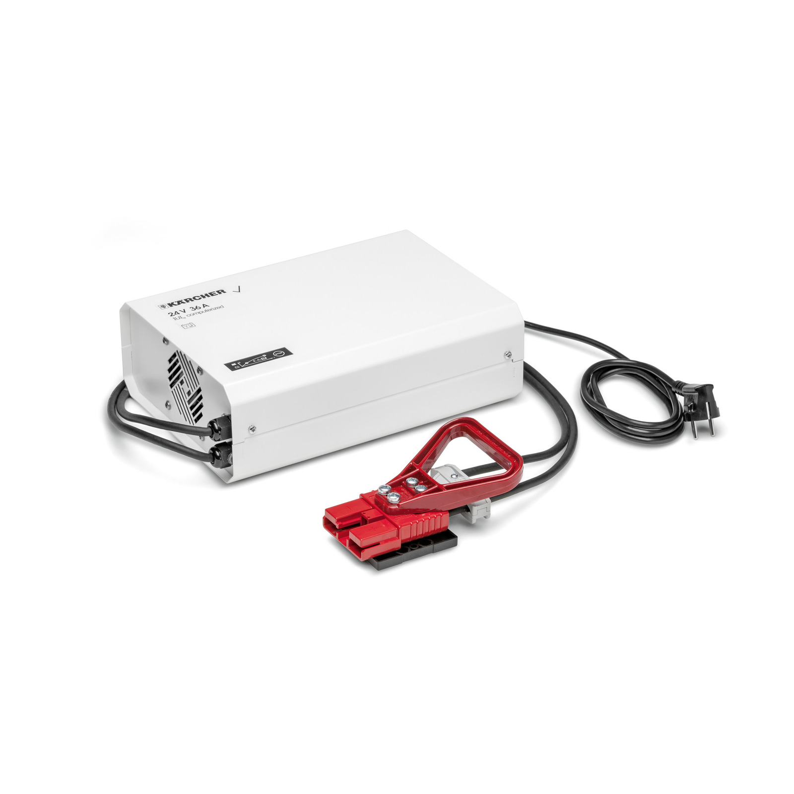 Kärcher 24V 36A battery charger with a red connector and black power cable on a white background. Kärcher 24V 36A battery charger with a red connector and black power cable on a white background.