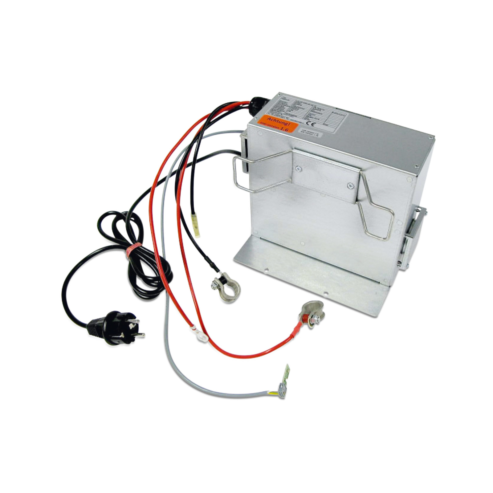 Metal electrical box with attached wires and plug, featuring clamps and a label on top. Metal electrical box with attached wires and plug, featuring clamps and a label on top.