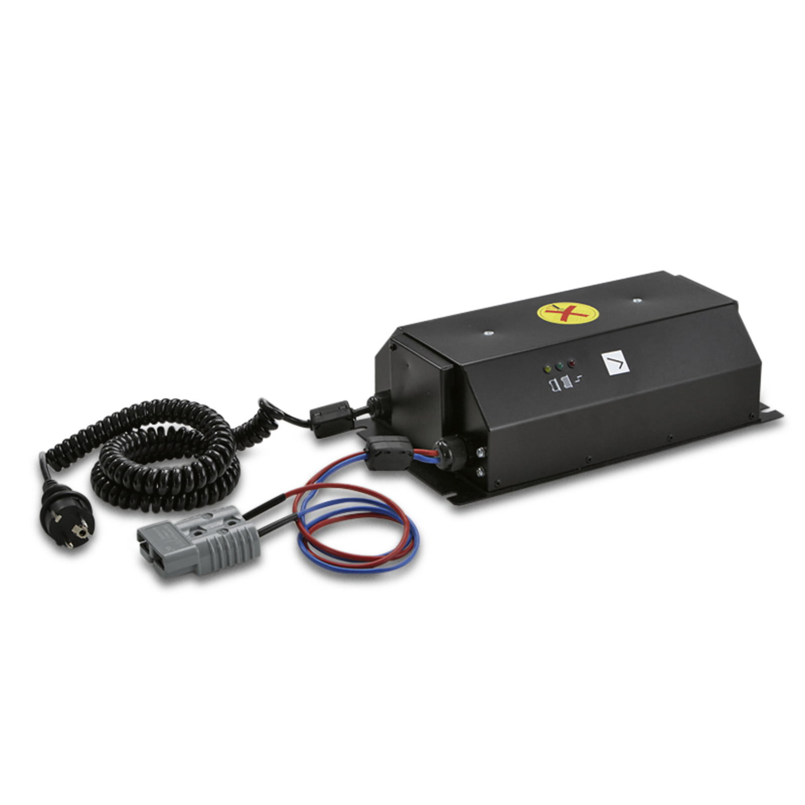 Black Kärcher battery charger with coiled power cable and connector, featuring indicator lights on the top. Black Kärcher battery charger with coiled power cable and connector, featuring indicator lights on the top.