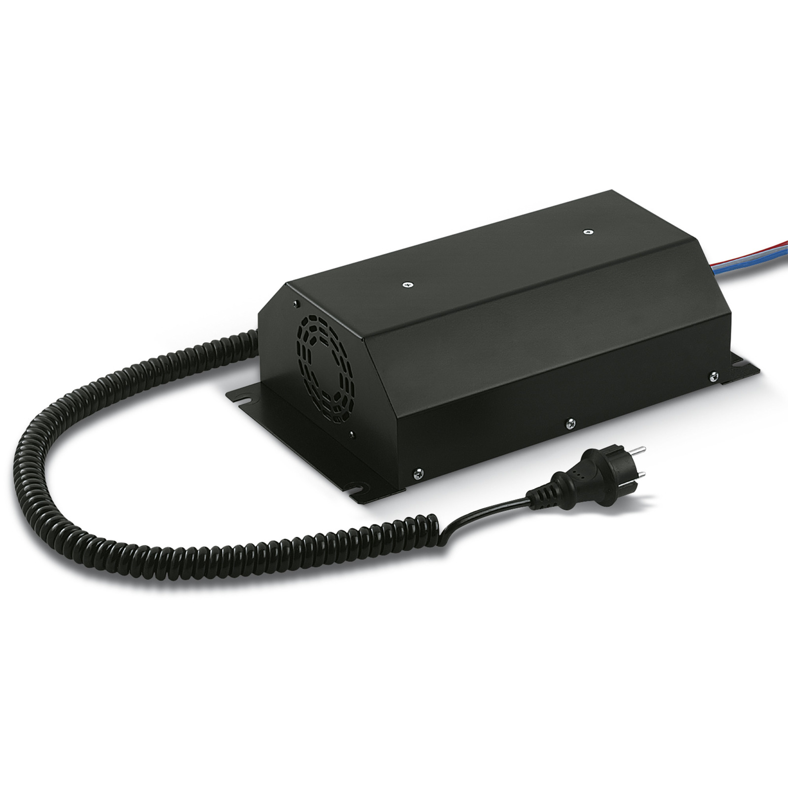 Black Kärcher power supply unit with coiled cable and plug on a white background. Black Kärcher power supply unit with coiled cable and plug on a white background.