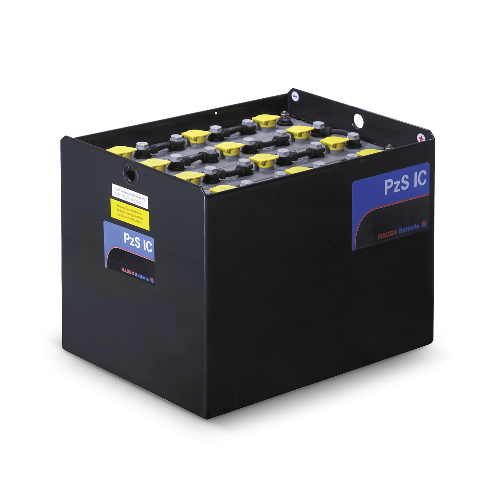 Black PzS IC battery with yellow caps and connectors, labelled "HAGEN Batterie" on the side.