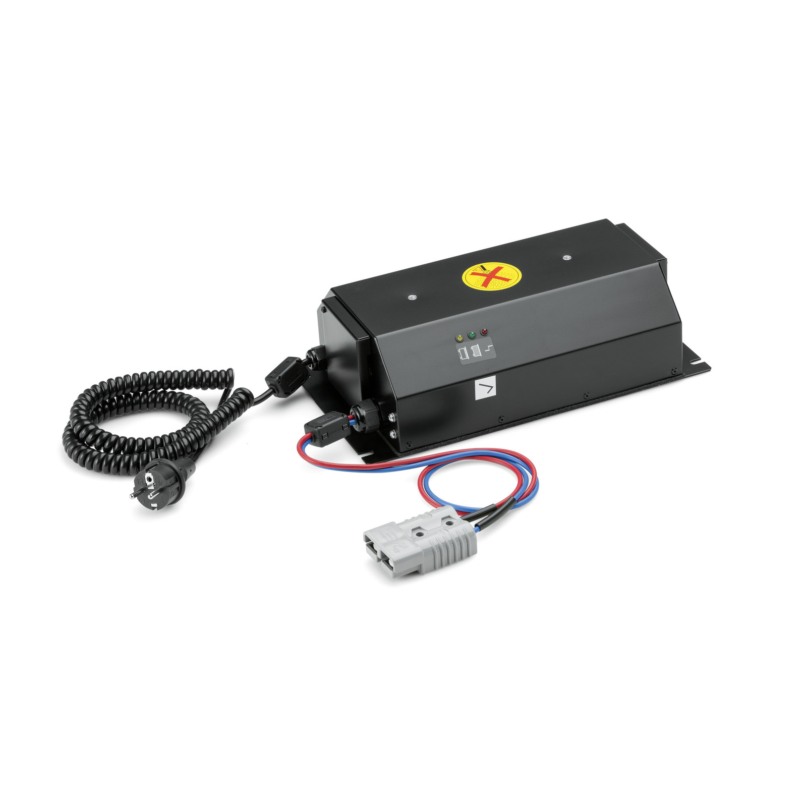 Black Kärcher battery charger with coiled power cable and connectors, featuring indicator lights and a warning sticker. Black Kärcher battery charger with coiled power cable and connectors, featuring indicator lights and a warning sticker.