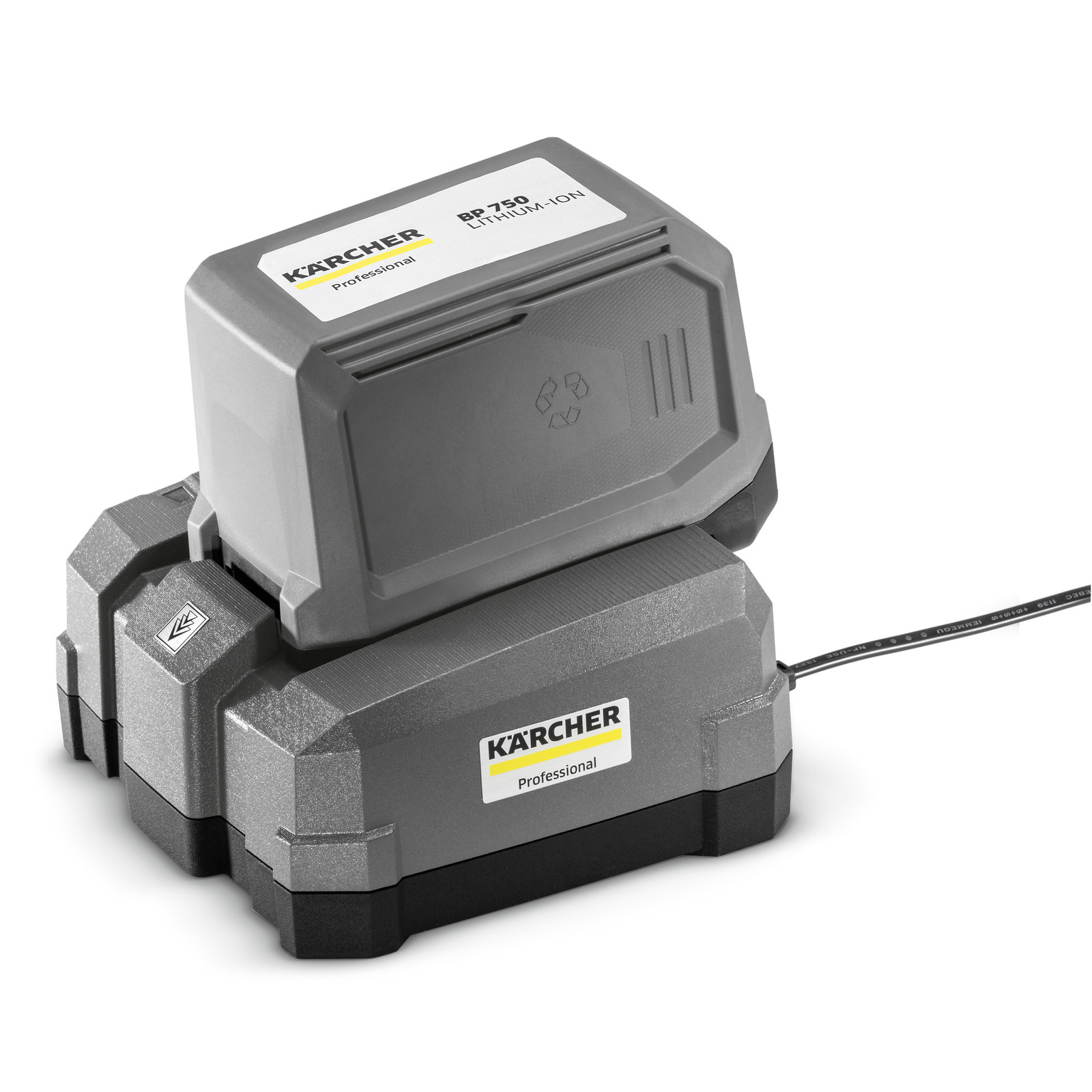 Kärcher BP 750 lithium-ion battery on a professional charging dock, with visible cable connection.