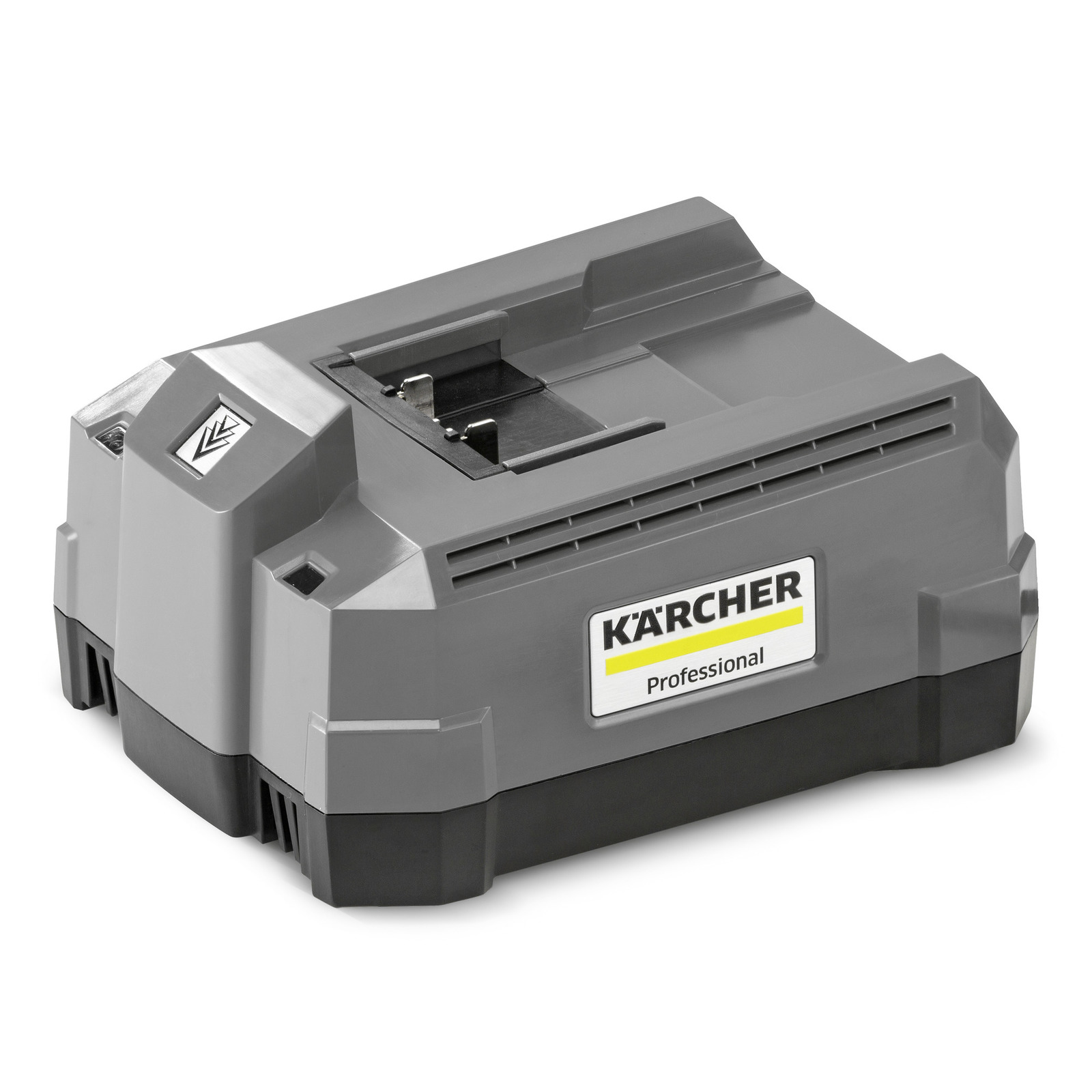 Grey Kärcher battery charger with Professional label, featuring a sleek design and visible charging slots.