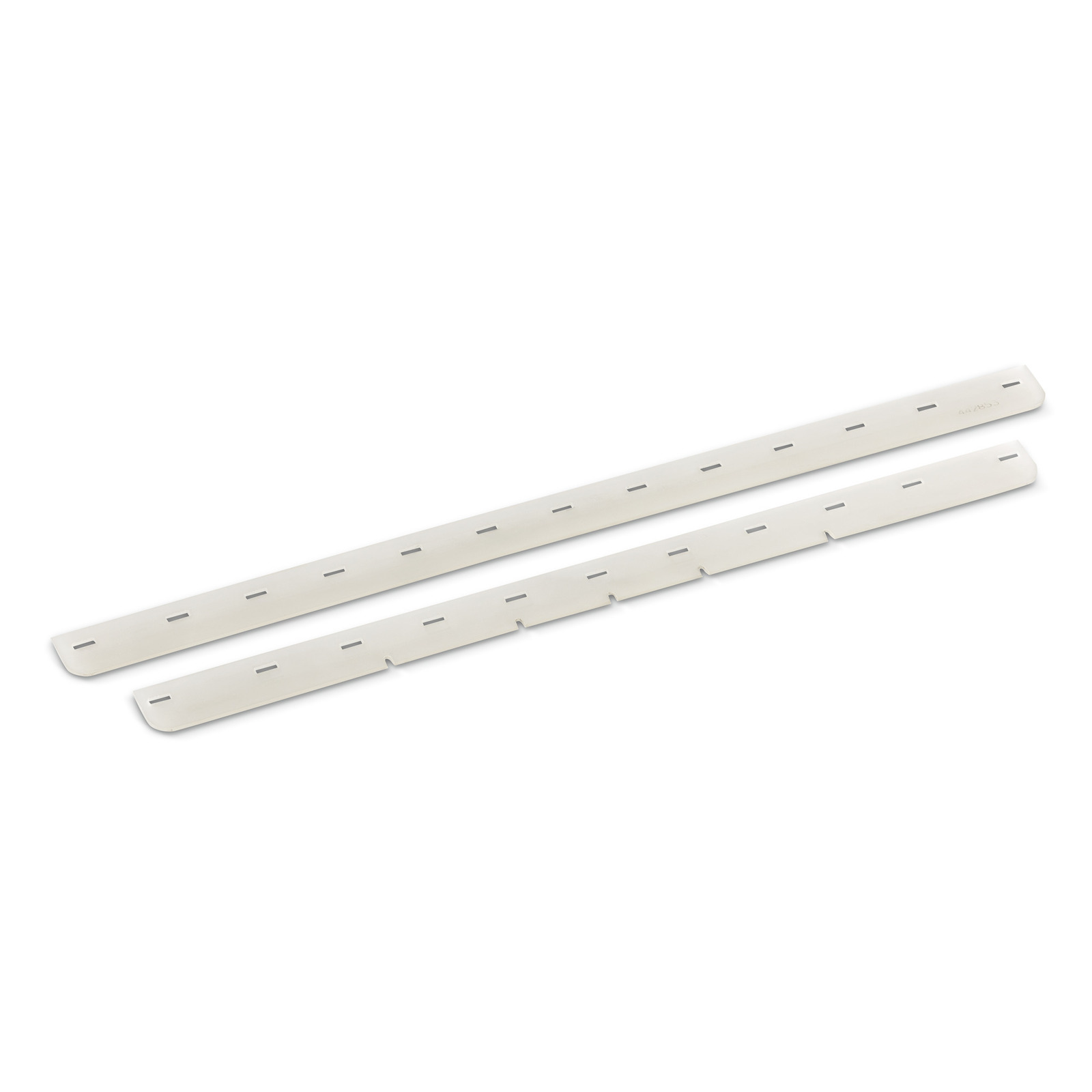 Două benzi albe din plastic cu perforații, așezate pe o suprafață albă.