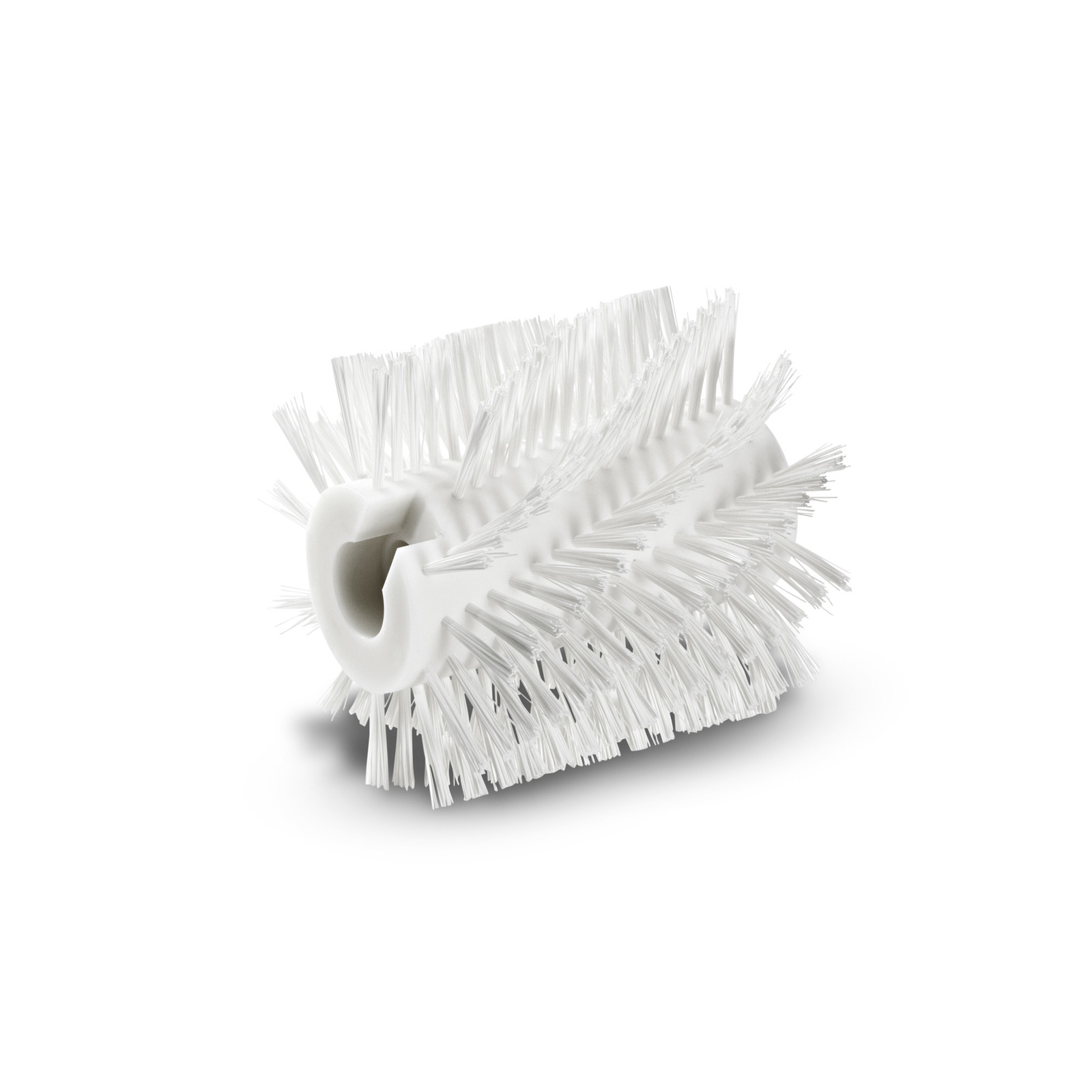 White cylindrical brush attachment with dense bristles, designed for cleaning equipment. White cylindrical brush attachment with dense bristles, designed for cleaning equipment.