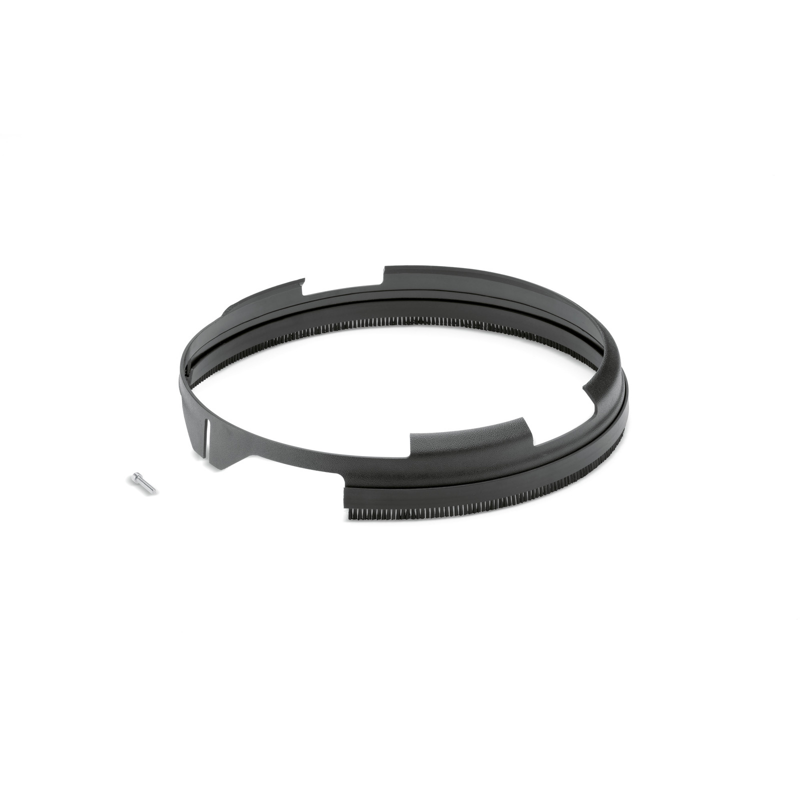 Black circular brush ring with bristles, accompanied by a small screw on a white background. Black circular brush ring with bristles, accompanied by a small screw on a white background.