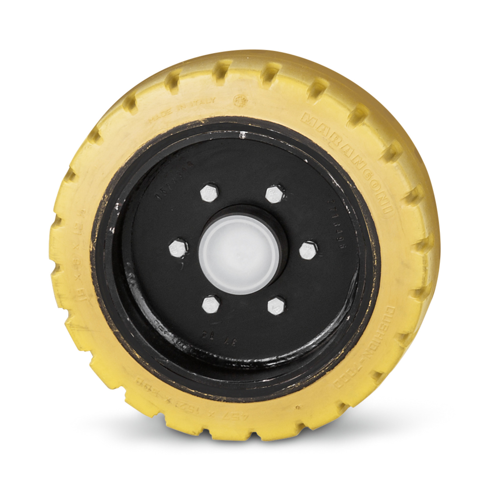 Yellow industrial wheel with black hub and five white bolts, viewed from the side. Yellow industrial wheel with black hub and five white bolts, viewed from the side.